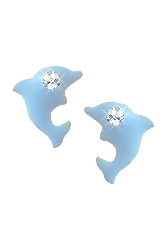 Scout Ohrstecker Silber 925 rhodiniert mit hellblauem Delfin-Motiv und funkelnden Steinen