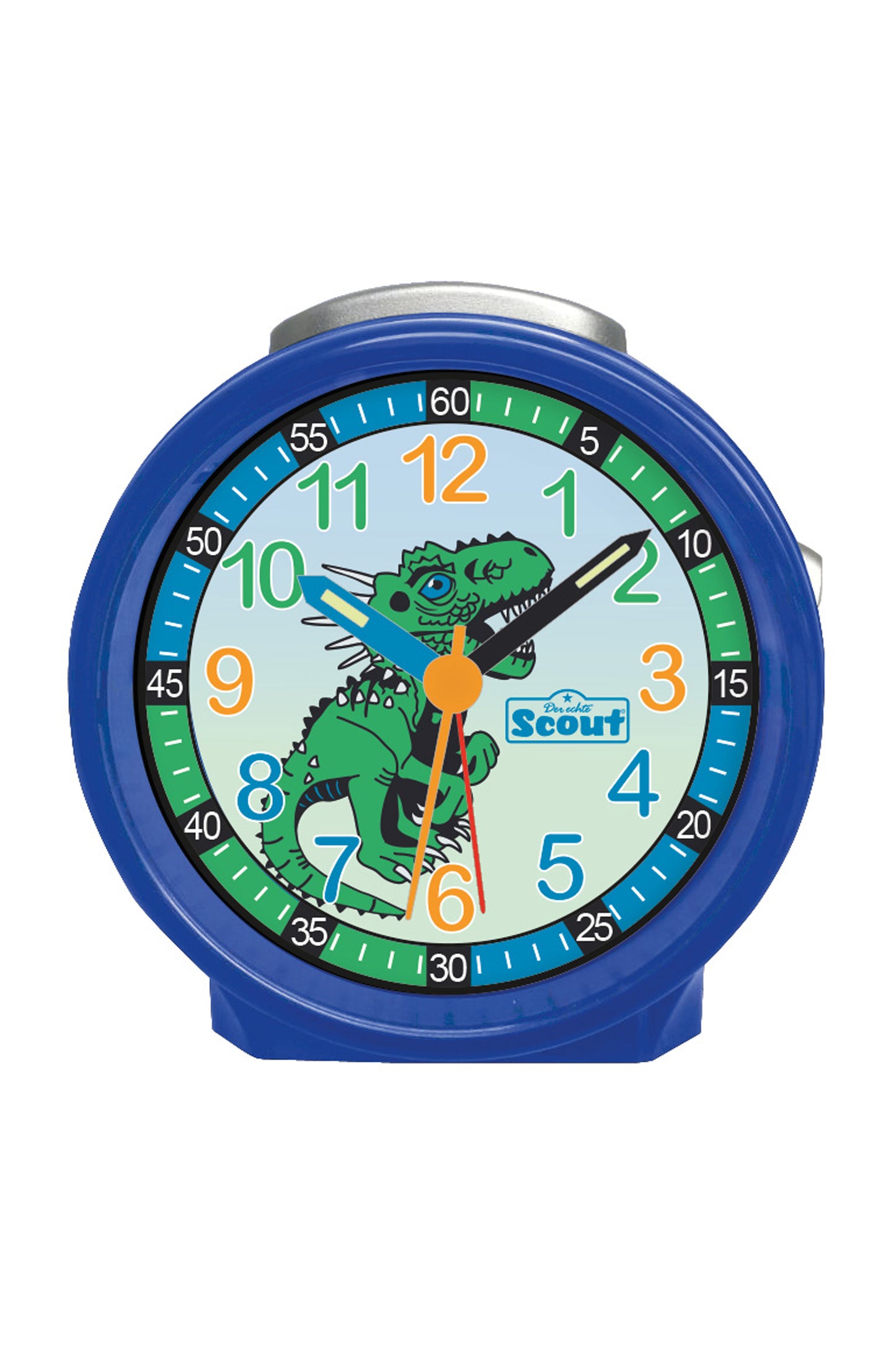Scout Wecker analog mit blauem Gehäuse der Serie "Blue Dino" mit buntem Lernziffernblatt und Dino-Motiv