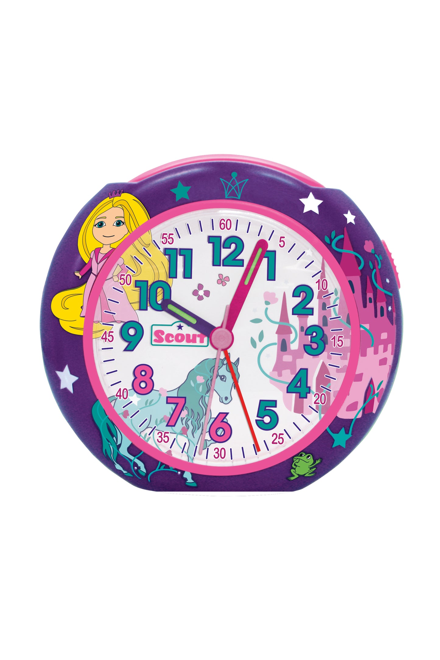 Scout Wecker analog mit pinkem Gehäuse Serie "Pics" mit Lernziffernblatt und Pferde und Schloß-Motiven