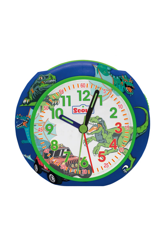 Scout Wecker analog mit blauem Gehäuse Serie "Pics blue Dino" mit Lernziffernblatt und Dino-Motiven