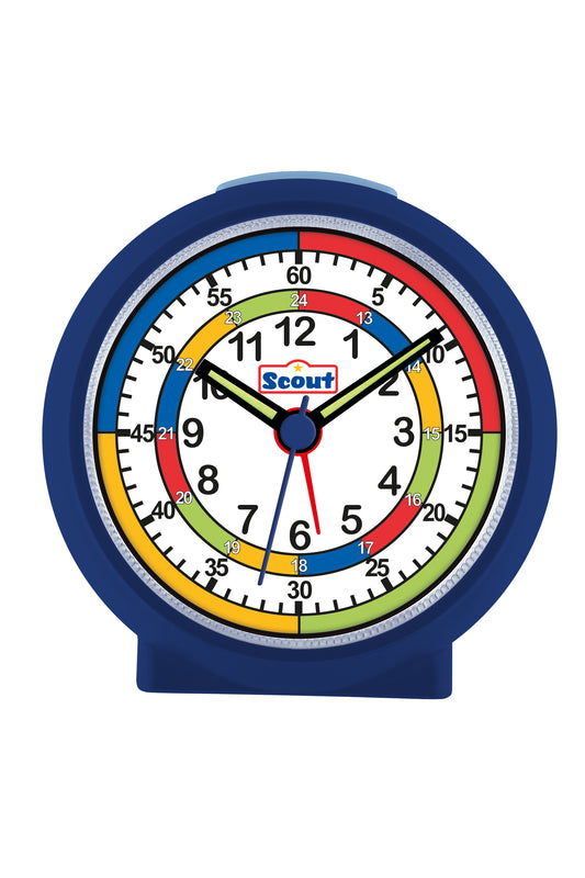 Scout Wecker analog mit blauem Gehäuse und buntem Lernziffernblatt für Kinder