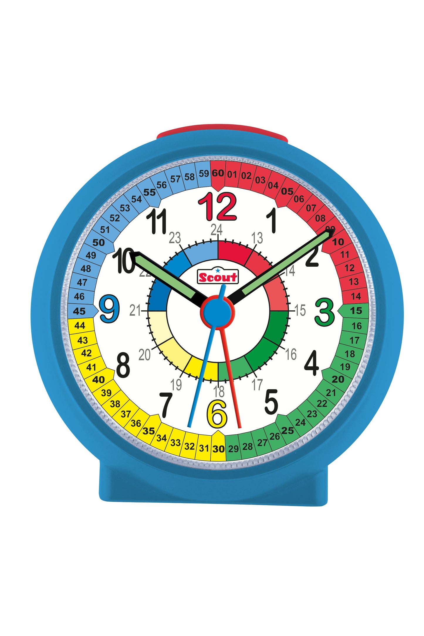 Scout Wecker analog mit blauem Gehäuse und buntem Lernziffernblatt für Kinder