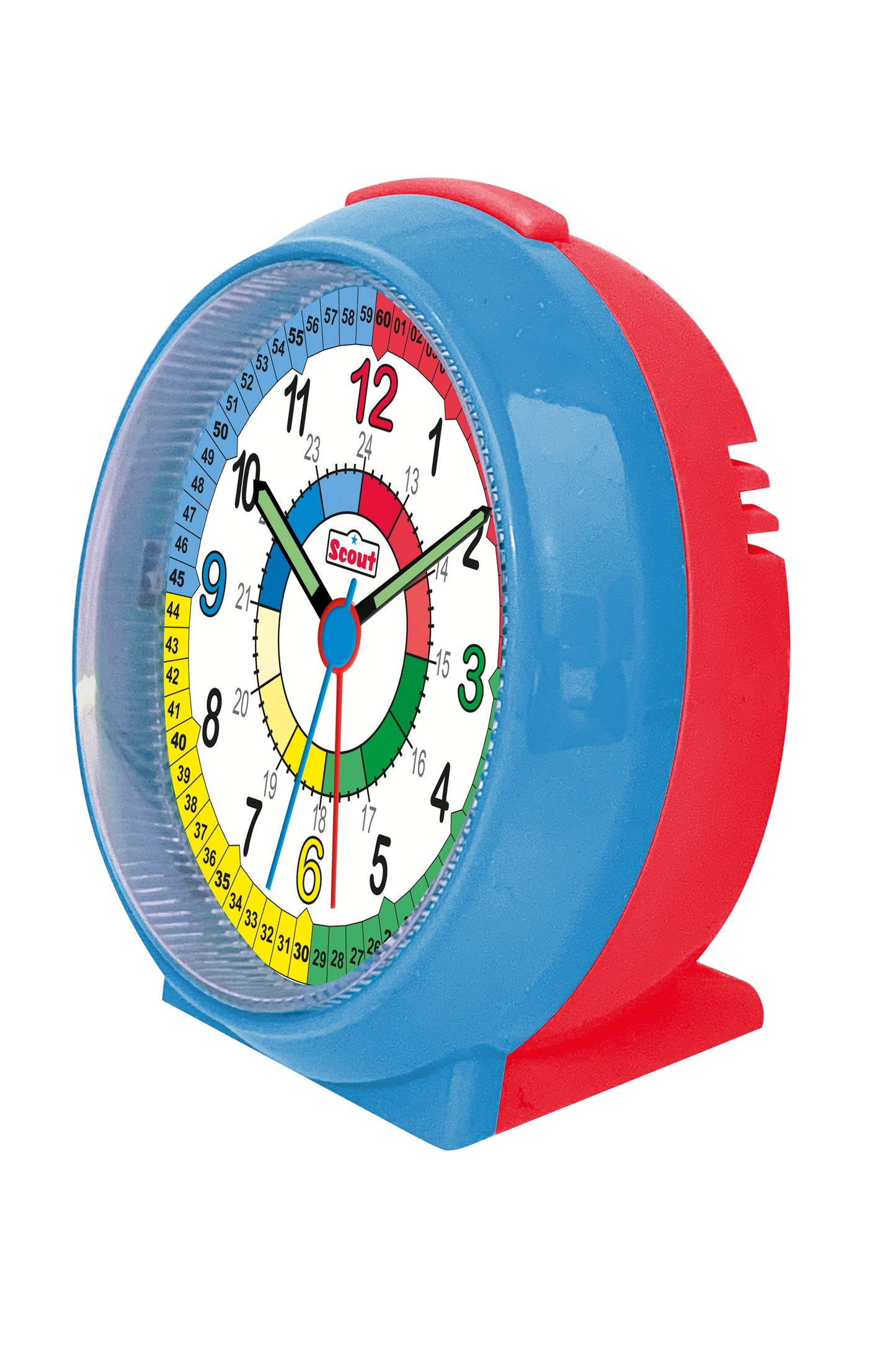 Scout Wecker analog mit blauem Gehäuse und buntem Lernziffernblatt für Kinder