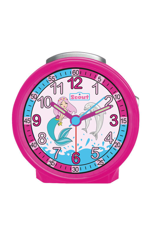 Scout Wecker analog mit pinkem Gehäuse, Lernziffenrblatt und süßen Motiven aus der Wasserwelt