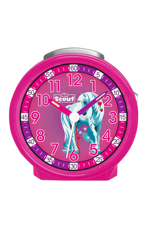 Scout Wecker analog mit pinkem Gehäuse Serie "White Unicorn" mit Lernziffernblatt und Einhorn-Motiv