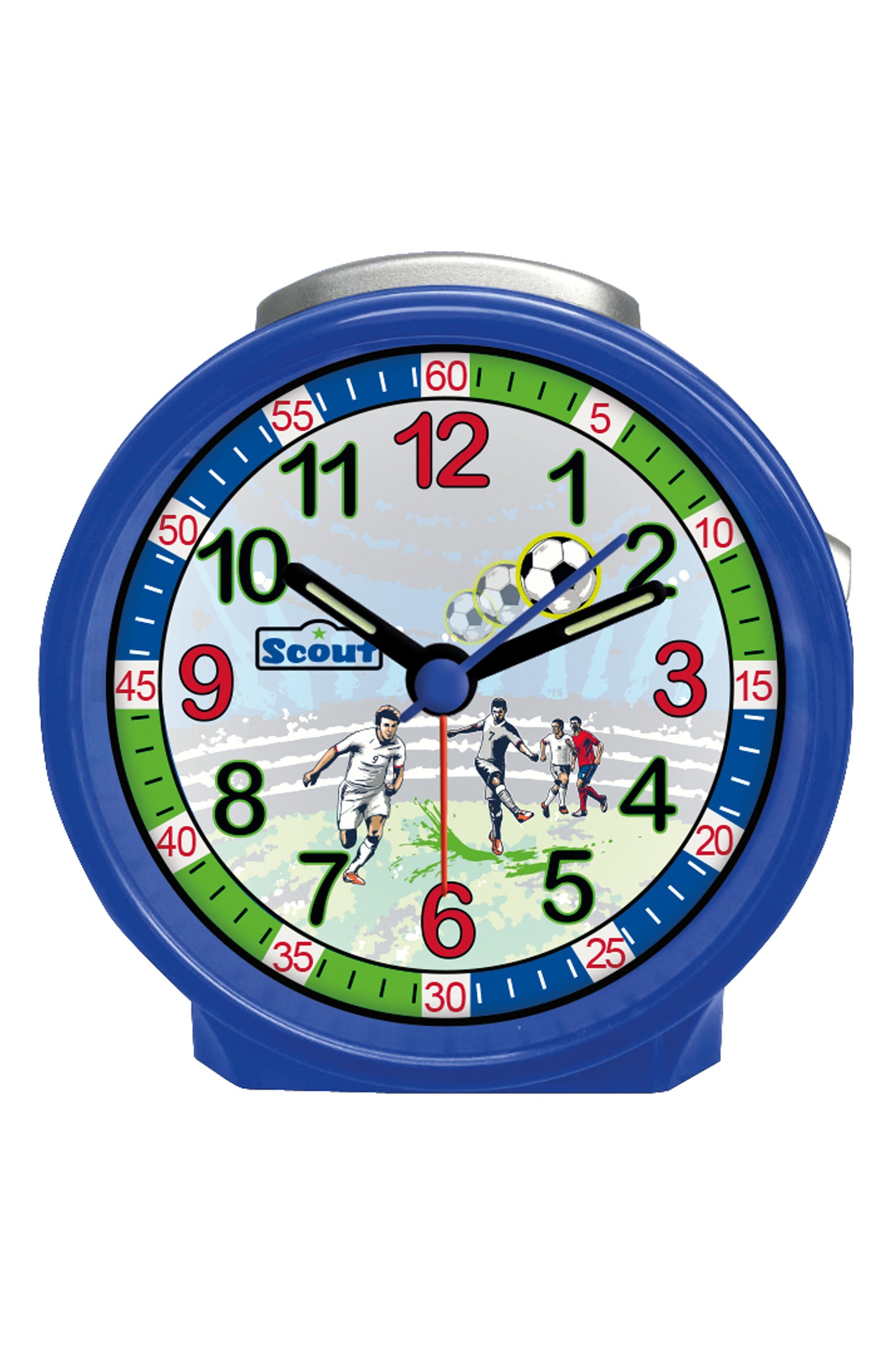 Scout Wecker analog mit blauem Gehäuse, buntem Lernziffernblatt und Fussball-Motiven