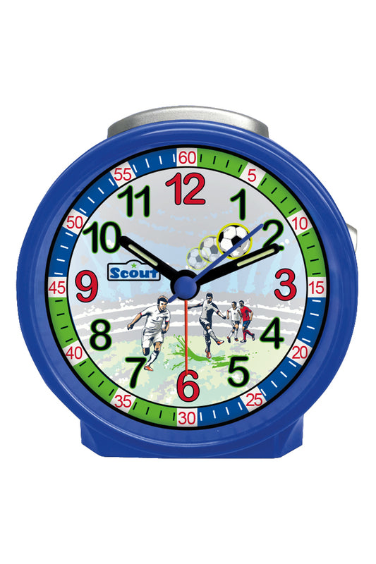 Scout Wecker analog mit blauem Gehäuse, buntem Lernziffernblatt und Fussball-Motiven