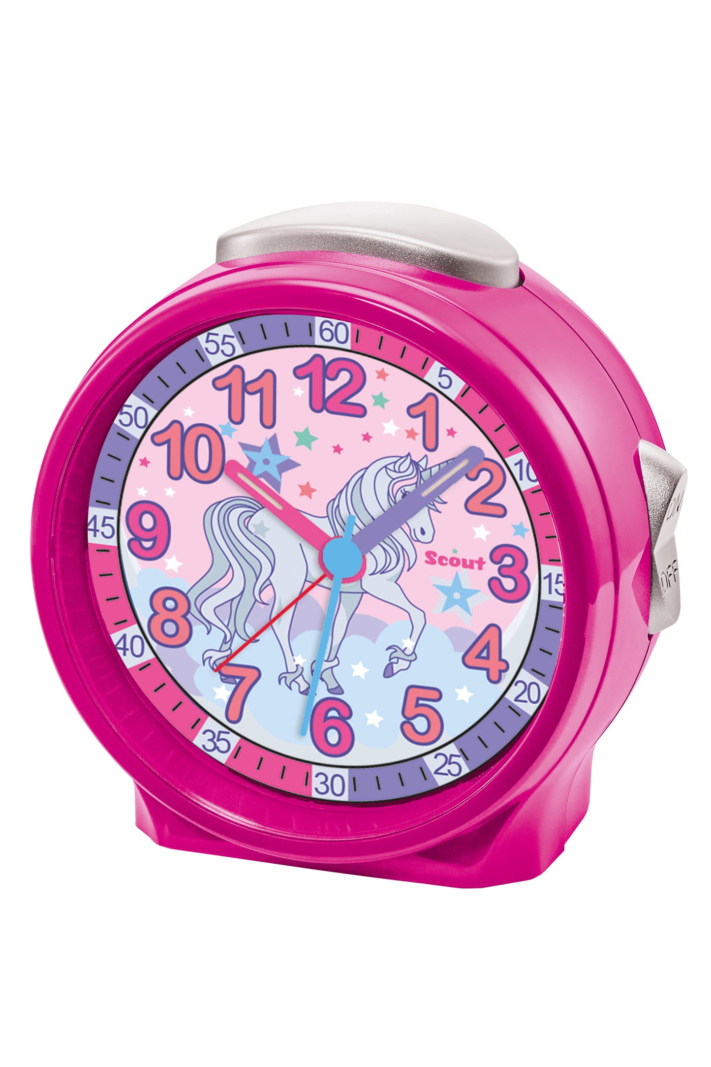 Scout Wecker analog mit pinkem Gehäuse Serie "Friends" mit Lernziffernblatt und Einhorn-Motiv