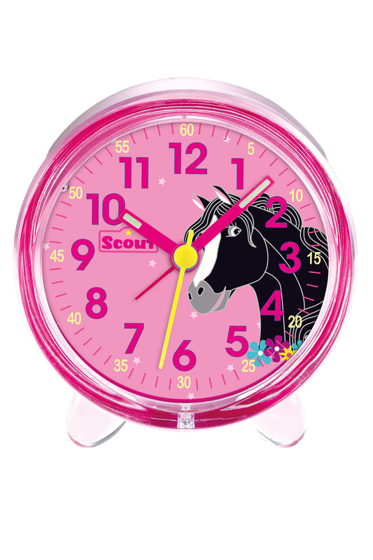 Scout Wecker analog mit pinkem Gehäuse, Lernziffenrblatt und süßem Pferde-Motiv
