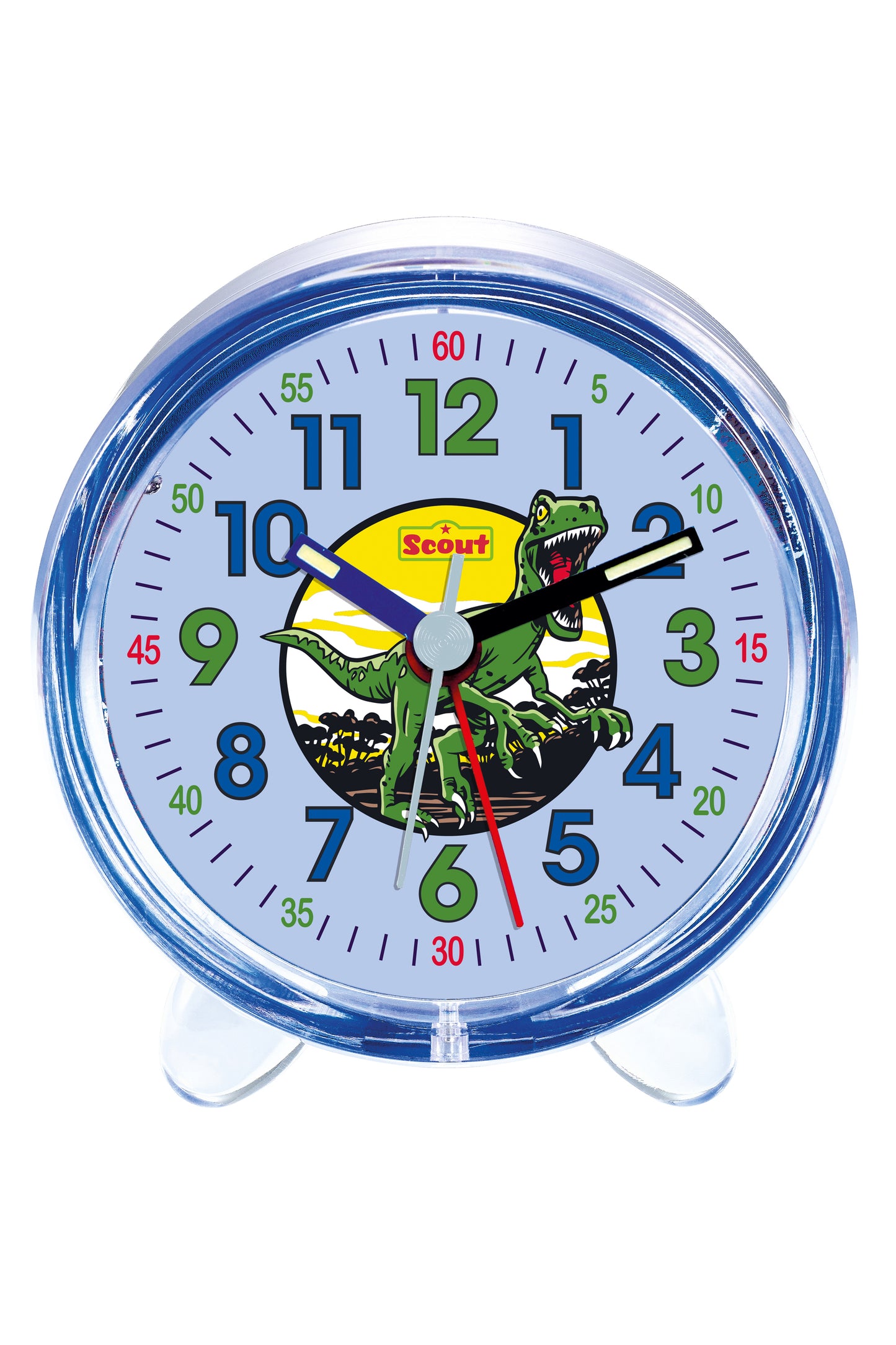 Scout Wecker analog mit blauem Gehäuse, Lernziffernblatt und Dino-Motiv