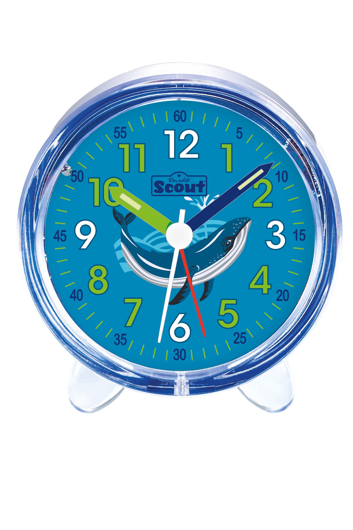 Scout Wecker analog mit blauem Gehäuse der Serie "Deep Sea" mit Lernziffernblatt und tollem Wal-Motiv