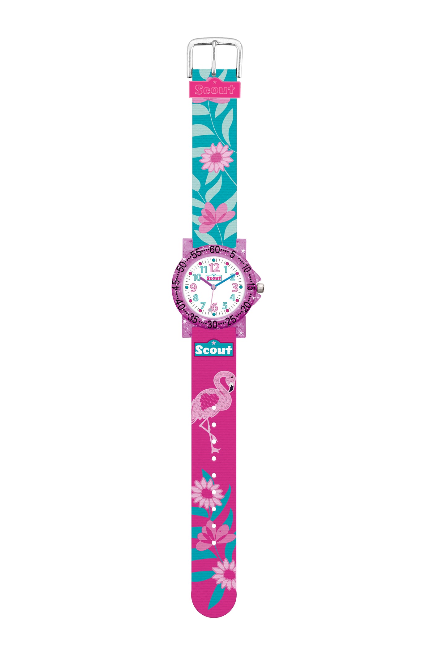 Scout Kinderuhr Serie The It-Collection Glitter Blumen/Flamingo pink/türkis
