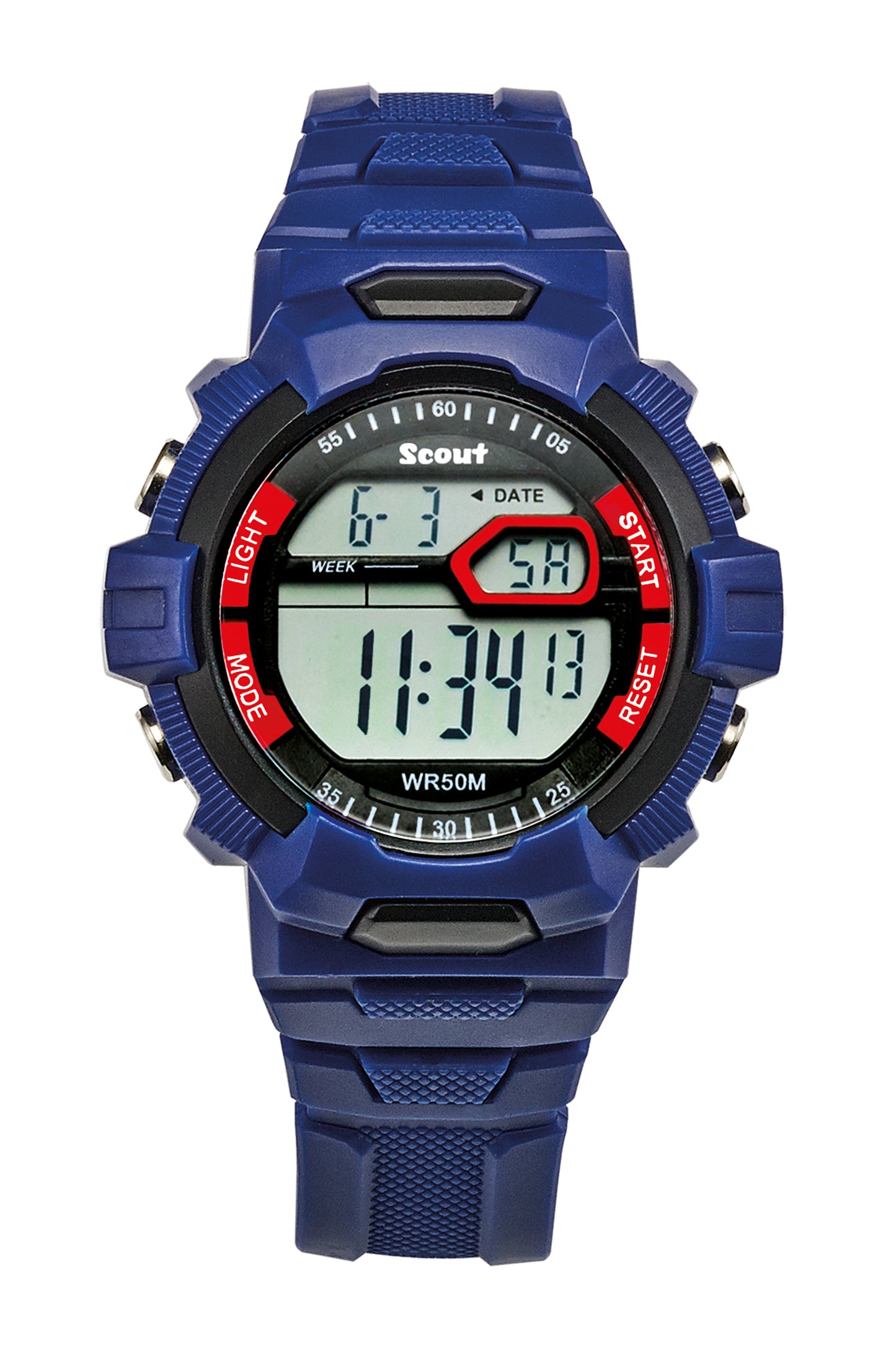 Scout Kinderuhr digital aus der Serie "The Digi" mit blauem Kunststoffband, Datumsanzeige und Stoppuhr