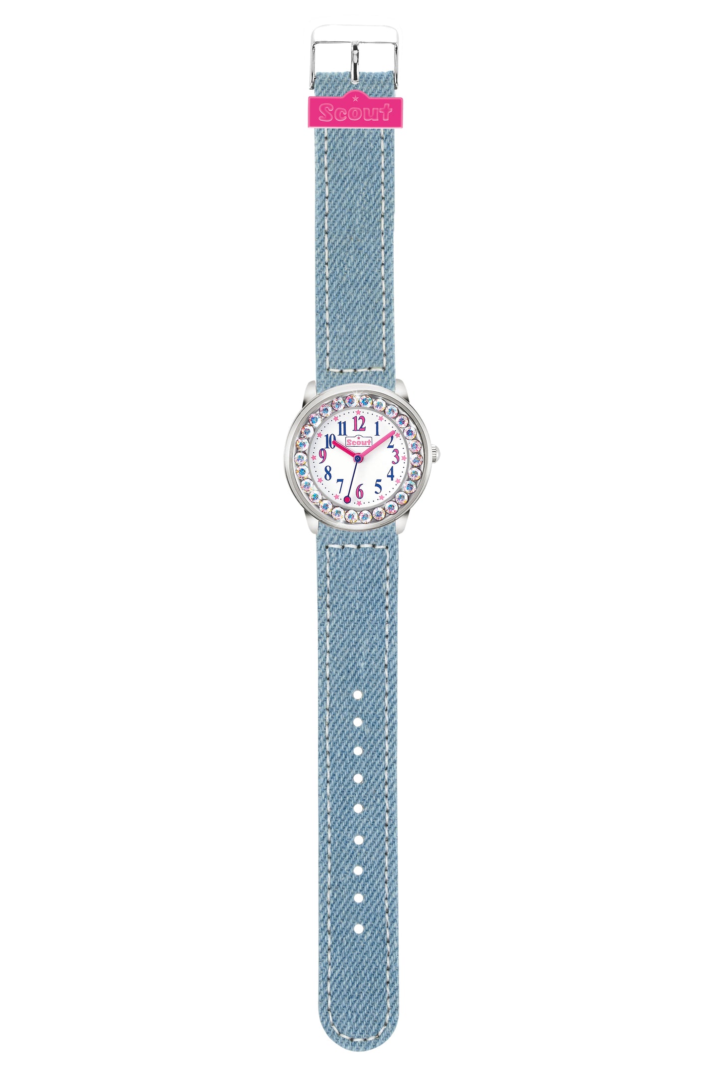 Scout Kinderuhr analog aus der Serie "The Darling Collection" mit Kunstlederband im Jeans-Look und Glitzersteinen