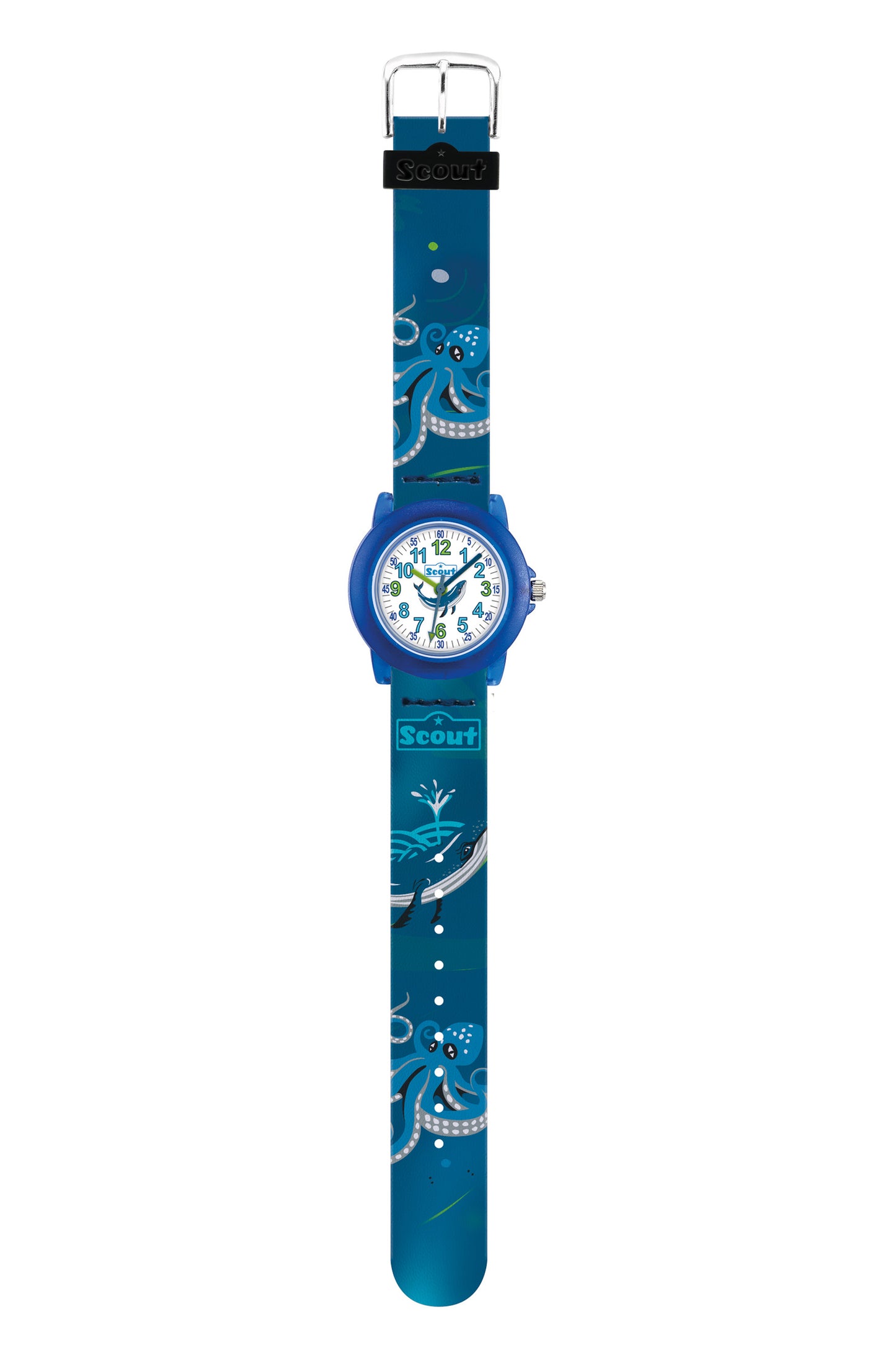 Scout Kinderuhr analog aus der Serie "Crystal" mit blauem Kunstlederband mit Unterwasserwelt-Motiven und Quarzwerk