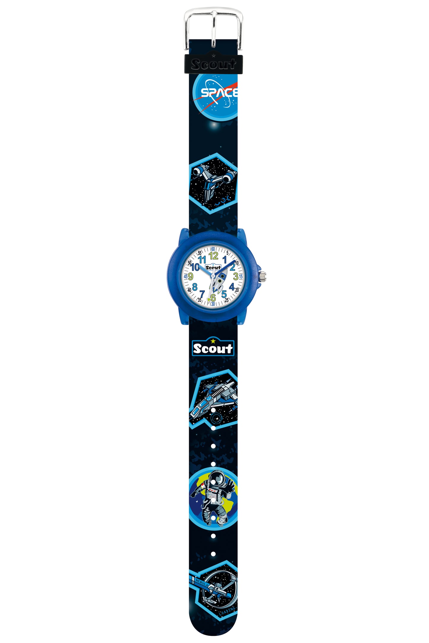 Scout Kinderuhr analog aus der Serie "Crystal" mit schwarz/blauem Kunstlederband mit Weltall-Motiven und Quarzwerk