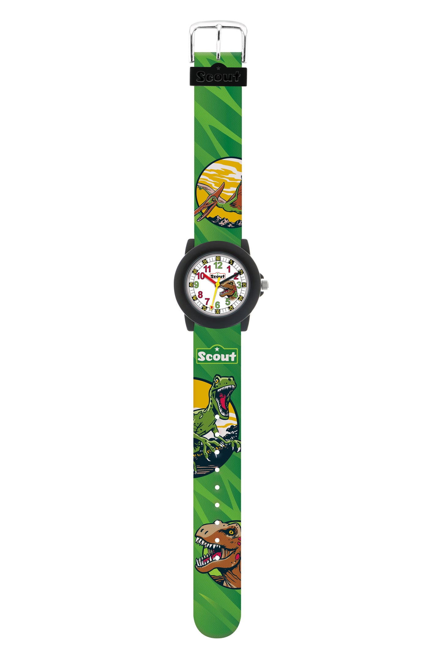 Scout Kinderuhr analog aus der Serie "Crystal" mit grünem Kunstlederband mit Dinosaurier-Motiven und Quarzwerk