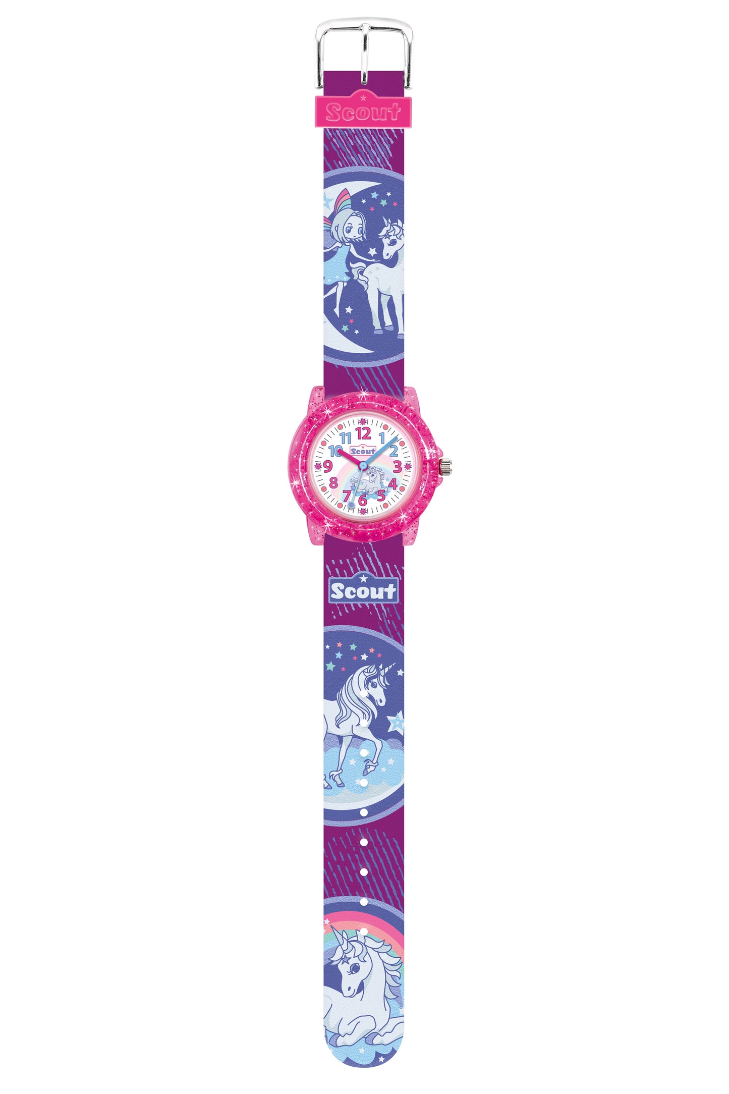 Scout Kinderuhr analog aus der Serie "Crystal" mit lila pinkem Kunstlederband, Einhorn- und Fee-Motiven und Quarzwerk