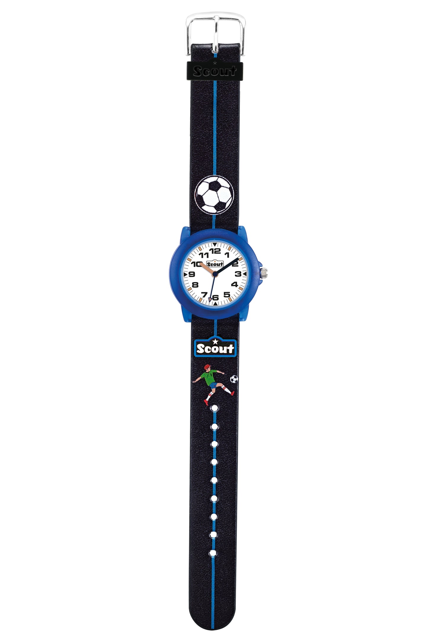 Scout Kinderuhr analog aus der Serie "Crystal" mit schwarz/blauem Kunstlederband mit Fussball-Motiven und Quarzwerk