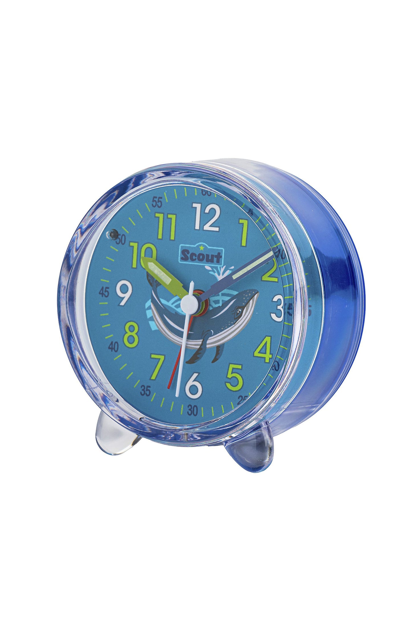 Scout Wecker analog mit blauem Gehäuse der Serie "Deep Sea" mit Lernziffernblatt und tollem Wal-Motiv
