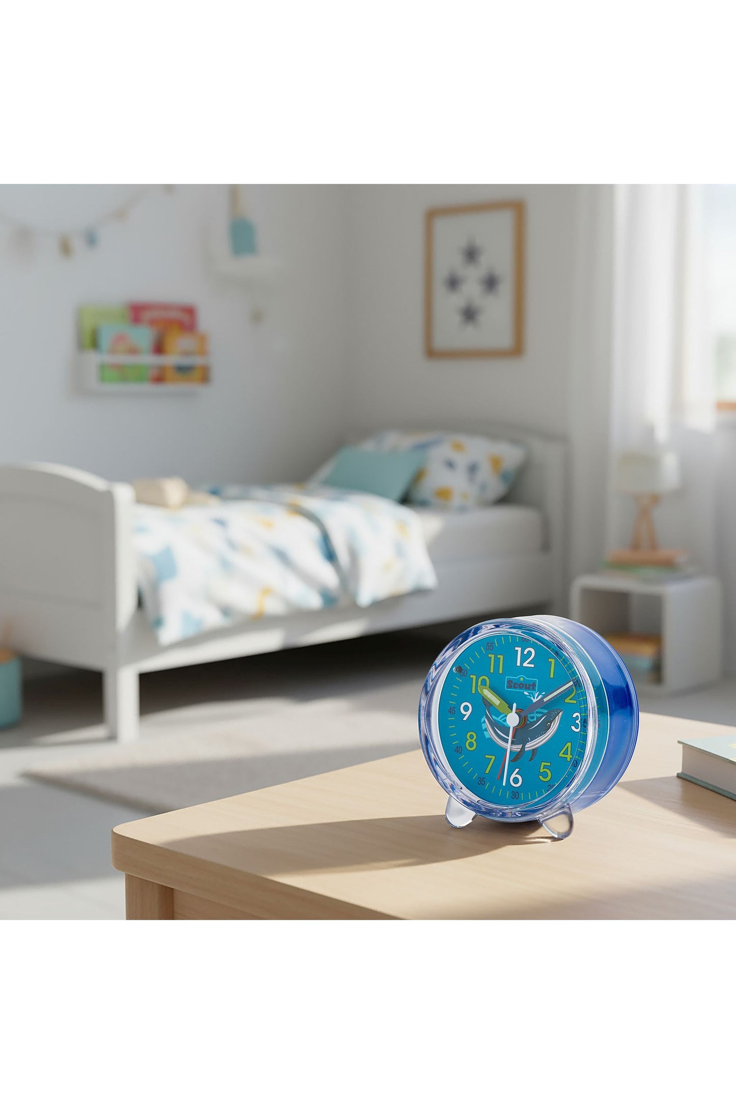 Scout Wecker analog mit blauem Gehäuse der Serie "Deep Sea" mit Lernziffernblatt und tollem Wal-Motiv