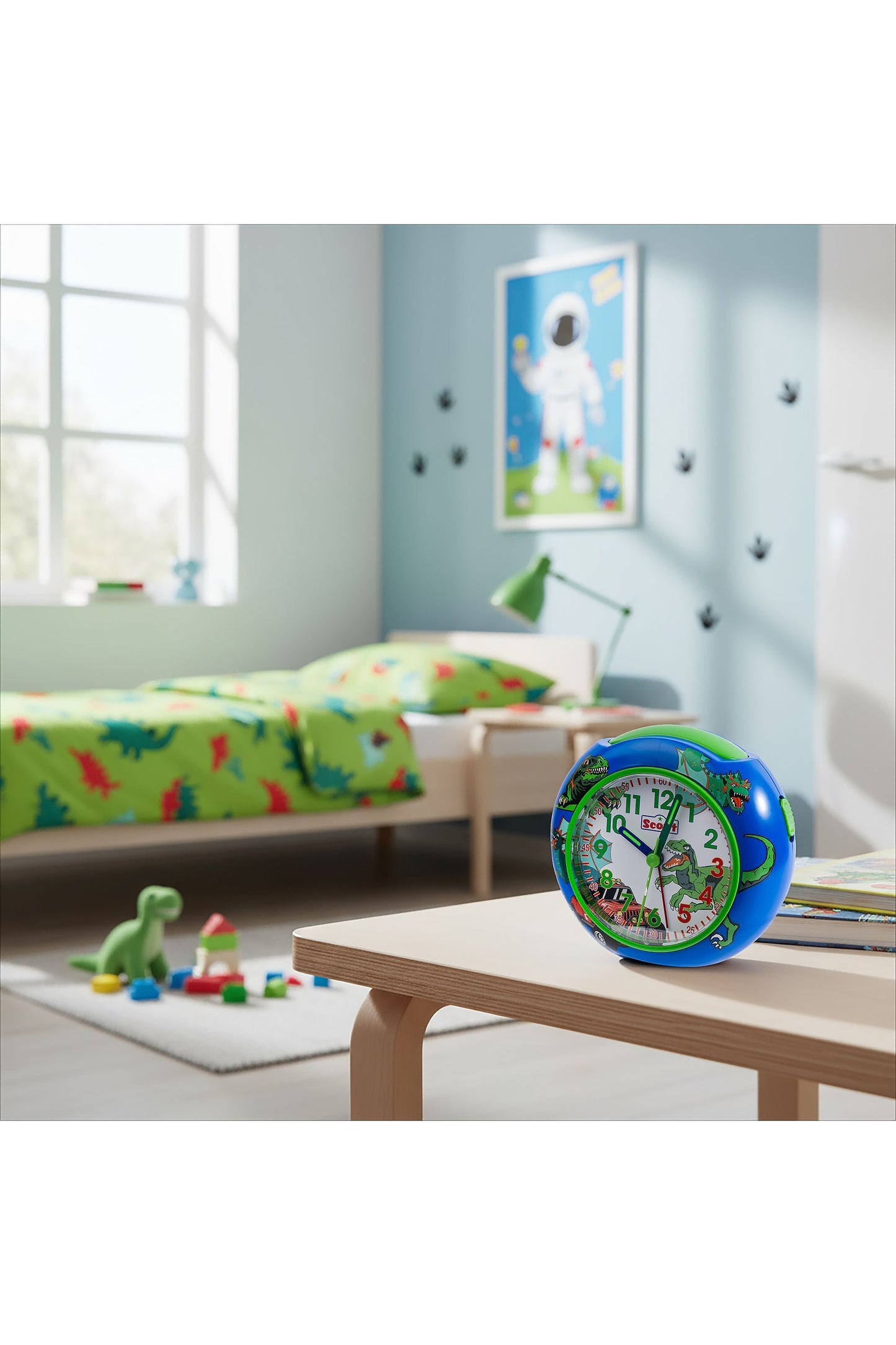 Scout Wecker analog mit blauem Gehäuse Serie "Pics blue Dino" mit Lernziffernblatt und Dino-Motiven