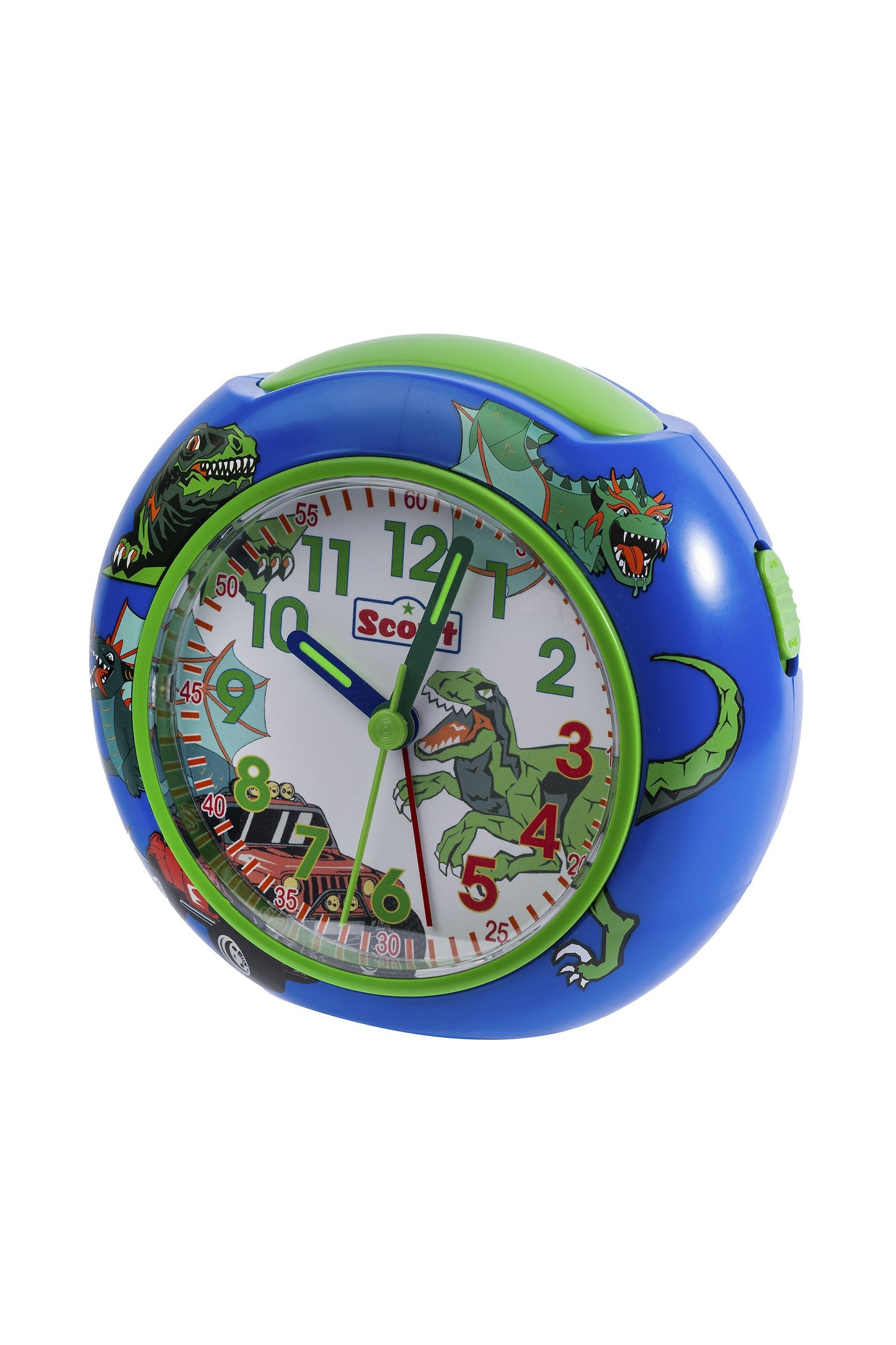 Scout Wecker analog mit blauem Gehäuse Serie "Pics blue Dino" mit Lernziffernblatt und Dino-Motiven