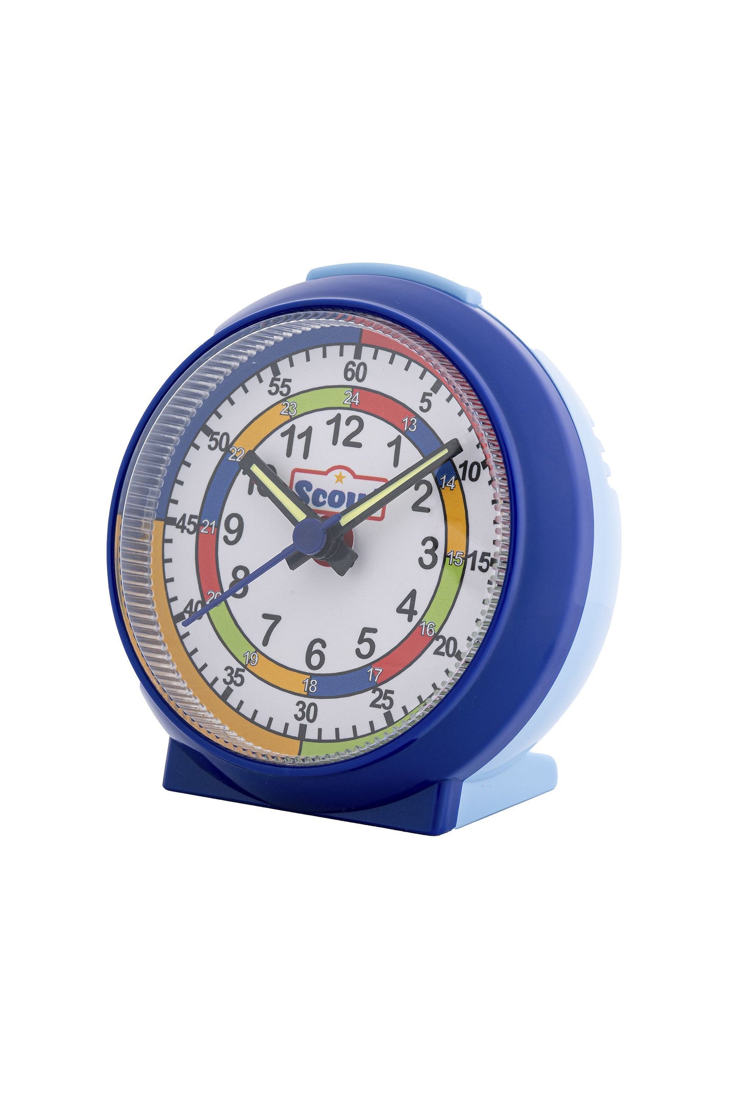 Scout Wecker analog mit blauem Gehäuse und buntem Lernziffernblatt für Kinder