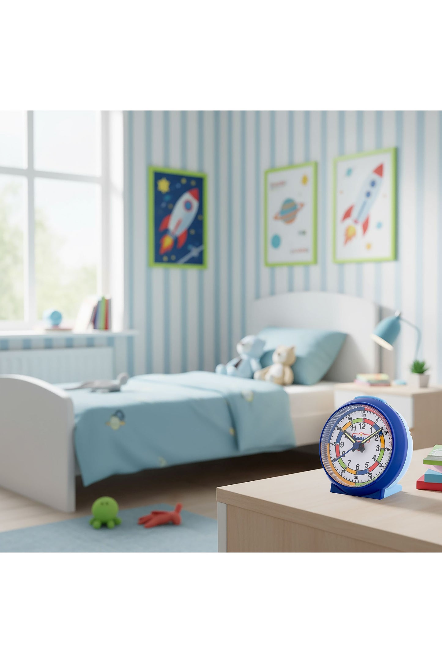 Scout Wecker analog mit blauem Gehäuse und buntem Lernziffernblatt für Kinder