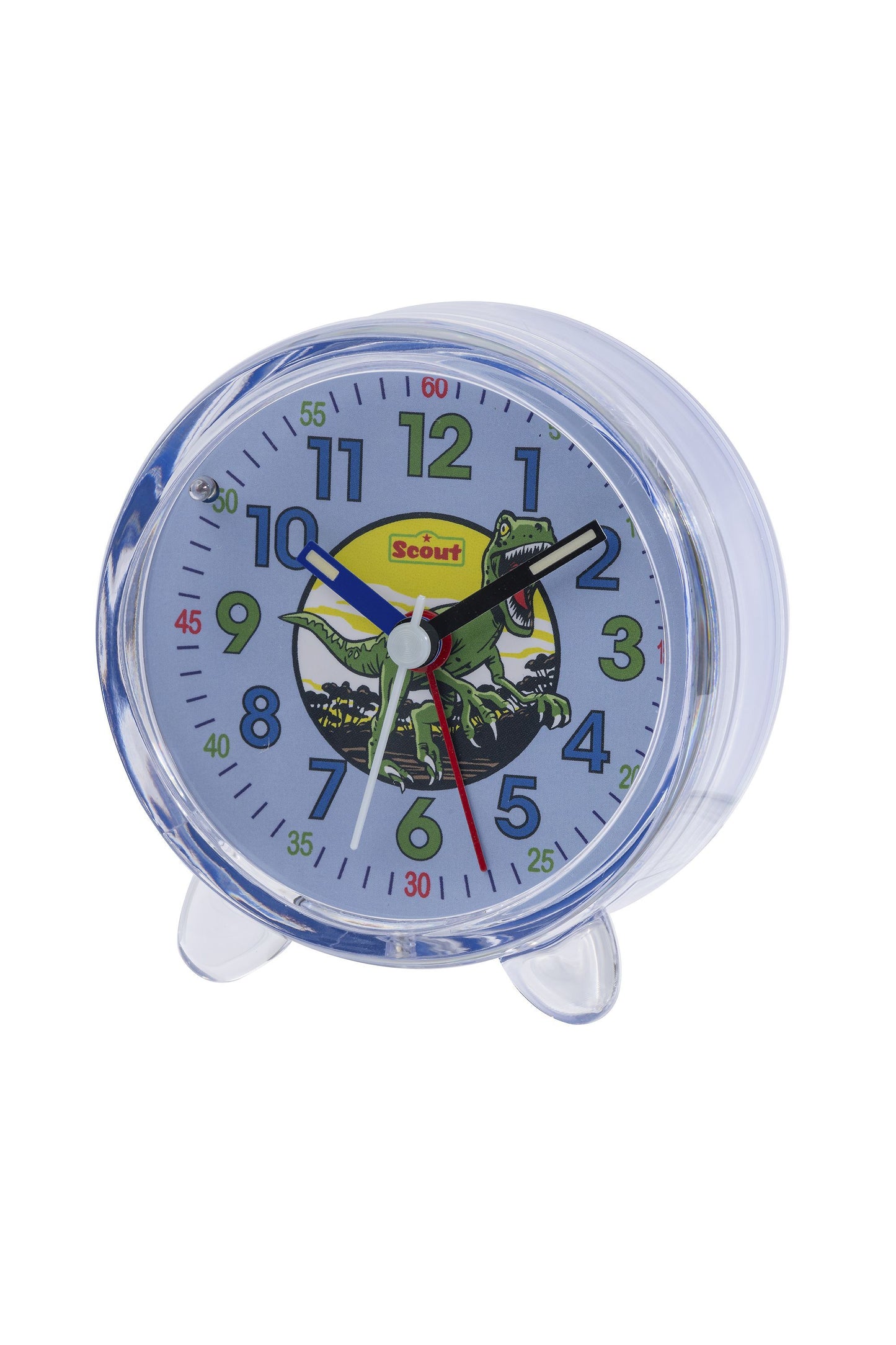 Scout Wecker analog mit blauem Gehäuse, Lernziffernblatt und Dino-Motiv