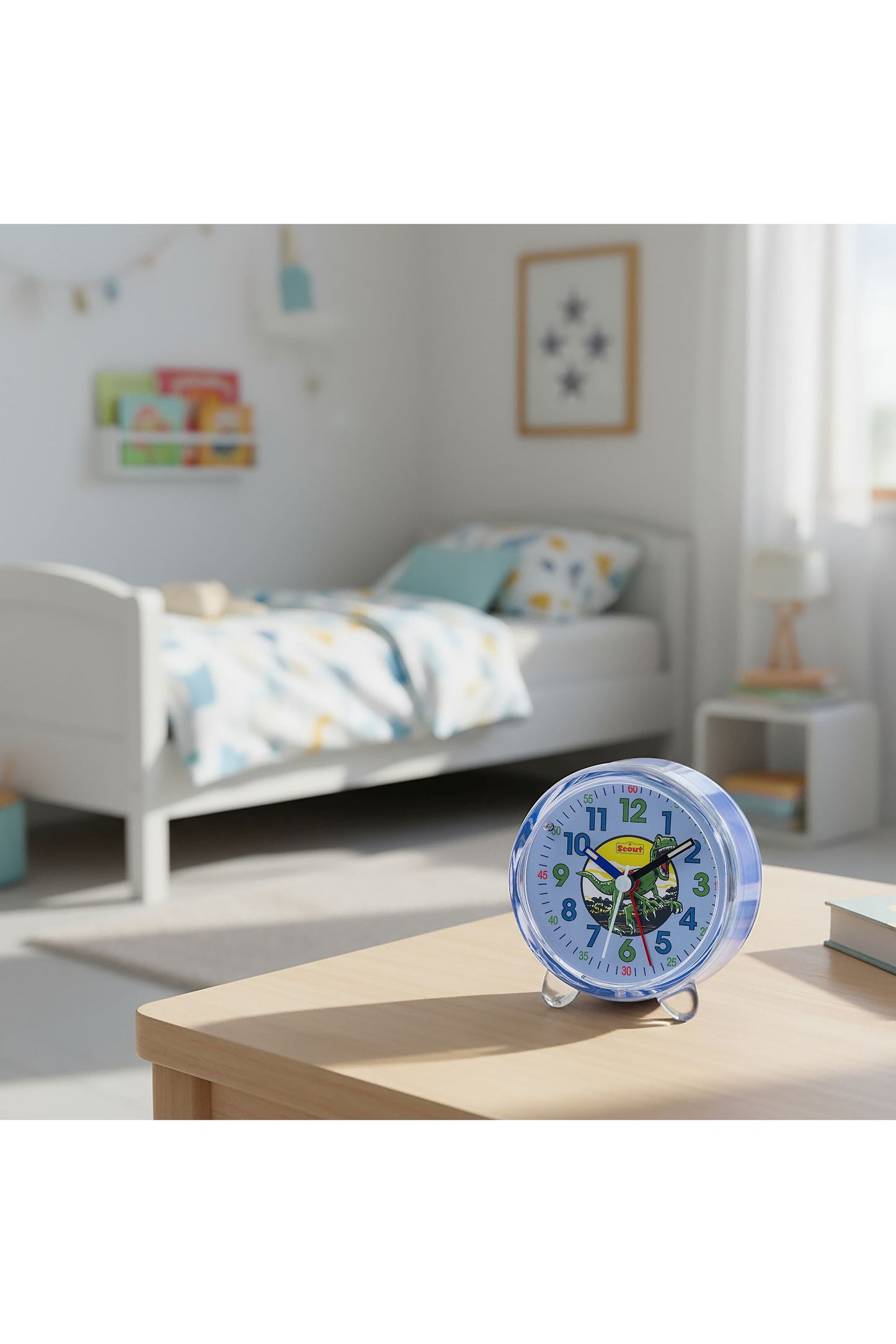 Scout Wecker analog mit blauem Gehäuse, Lernziffernblatt und Dino-Motiv