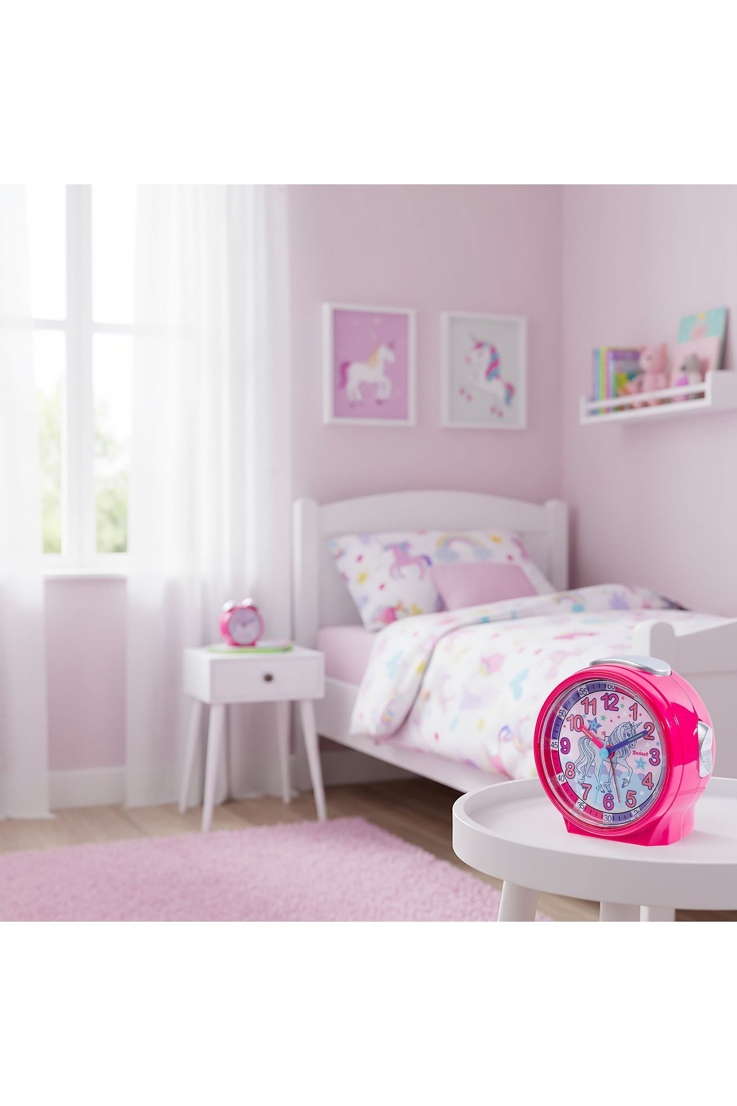Scout Wecker analog mit pinkem Gehäuse Serie "Friends" mit Lernziffernblatt und Einhorn-Motiv