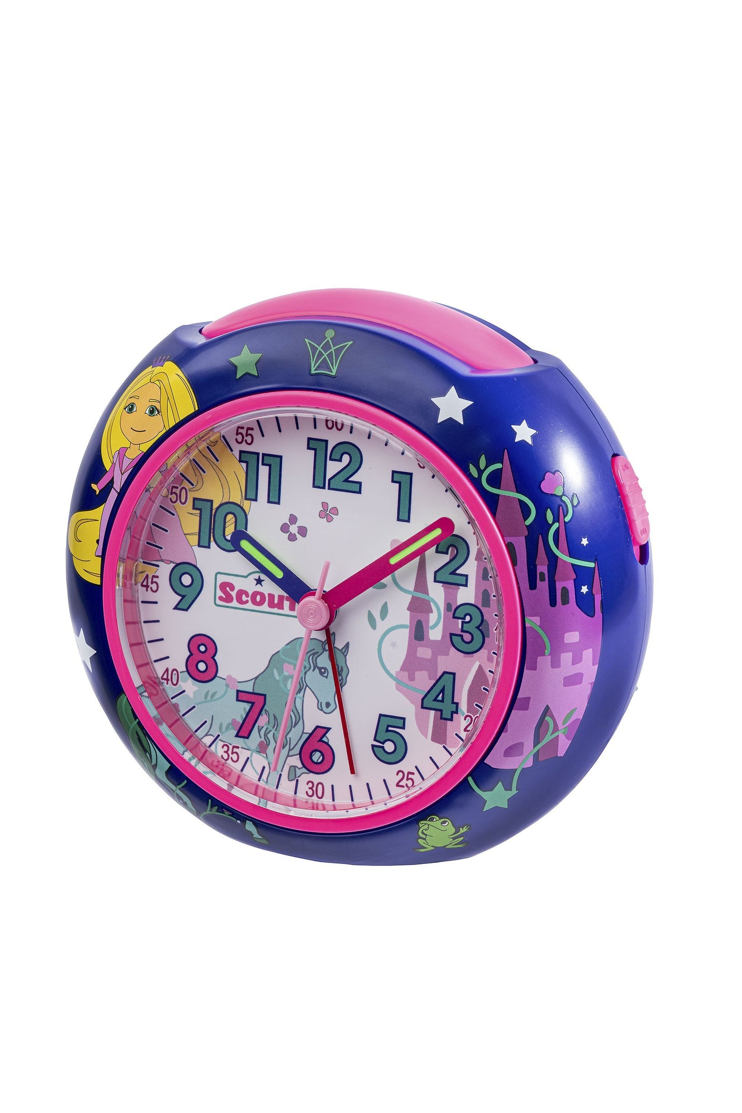 Scout Wecker analog mit pinkem Gehäuse Serie "Pics" mit Lernziffernblatt und Pferde und Schloß-Motiven