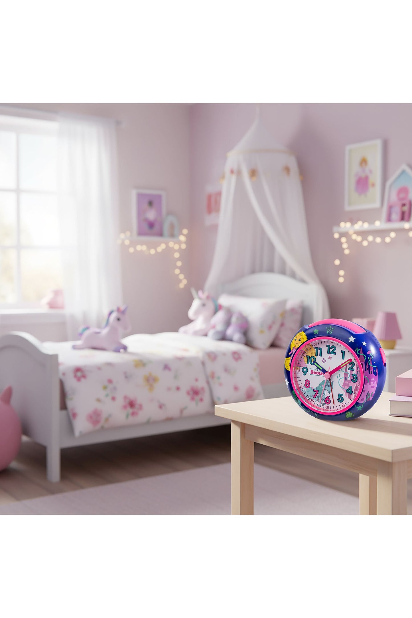 Scout Wecker analog mit pinkem Gehäuse Serie "Pics" mit Lernziffernblatt und Pferde und Schloß-Motiven