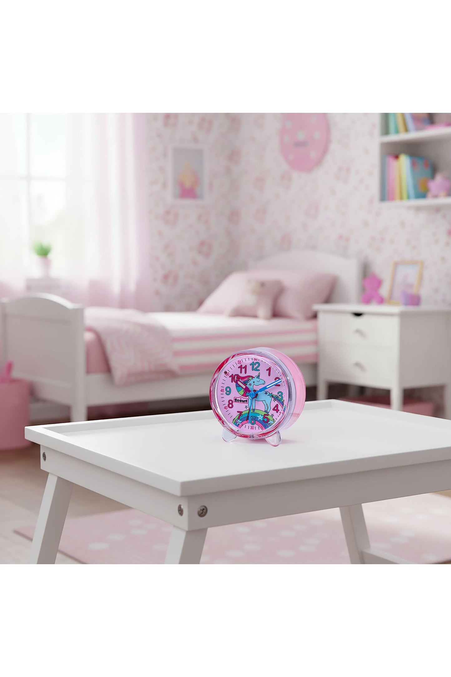 Scout Wecker analog mit pinkem Gehäuse Serie "Unicorn" mit Lernziffernblatt und Einhorn-Motiv