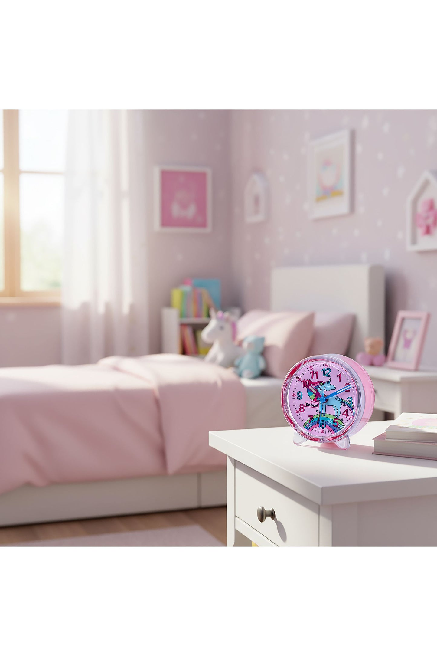 Scout Wecker analog mit pinkem Gehäuse Serie "Unicorn" mit Lernziffernblatt und Einhorn-Motiv