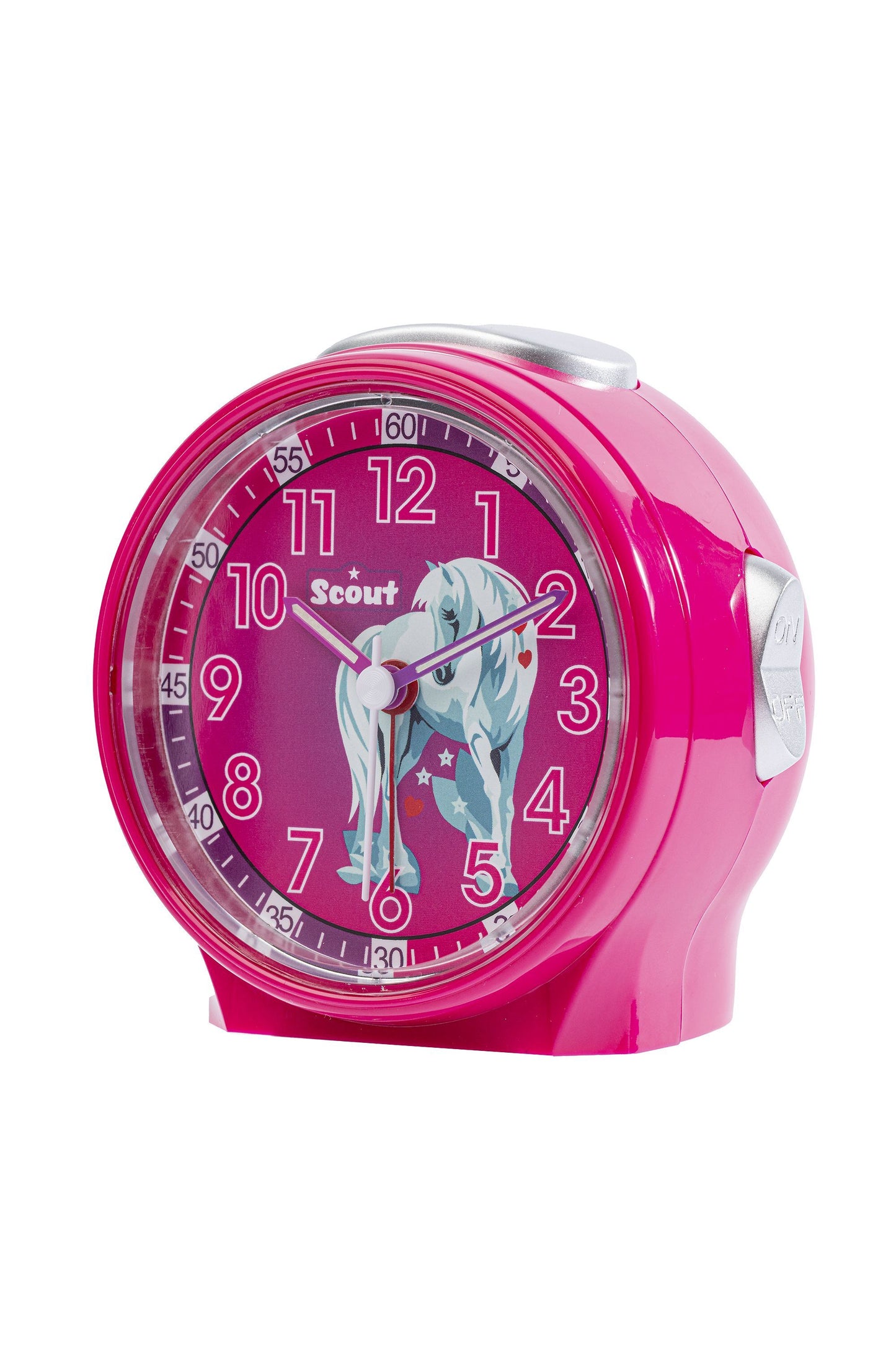 Scout Wecker analog mit pinkem Gehäuse Serie "White Unicorn" mit Lernziffernblatt und Einhorn-Motiv