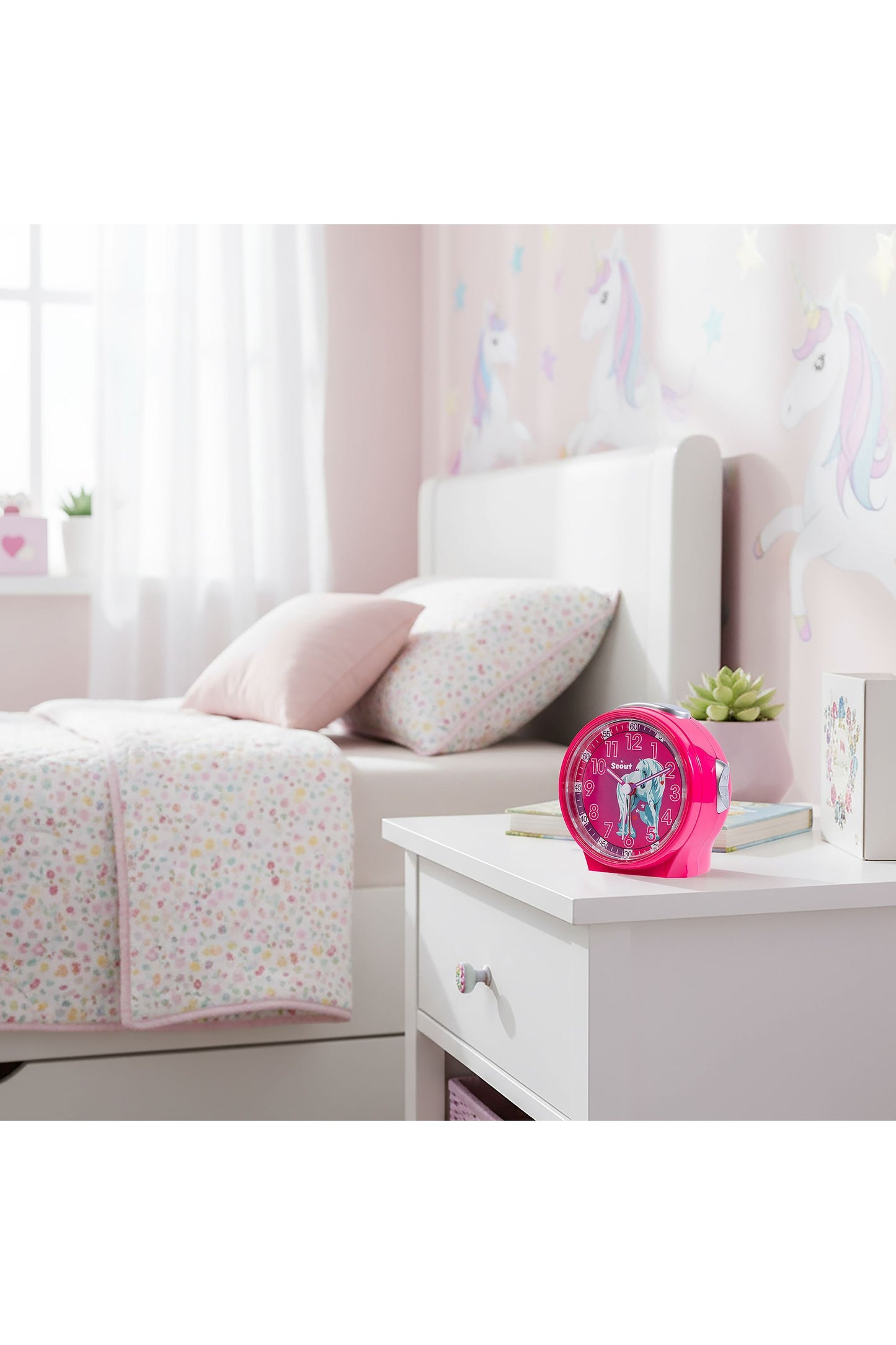 Scout Wecker analog mit pinkem Gehäuse Serie "White Unicorn" mit Lernziffernblatt und Einhorn-Motiv
