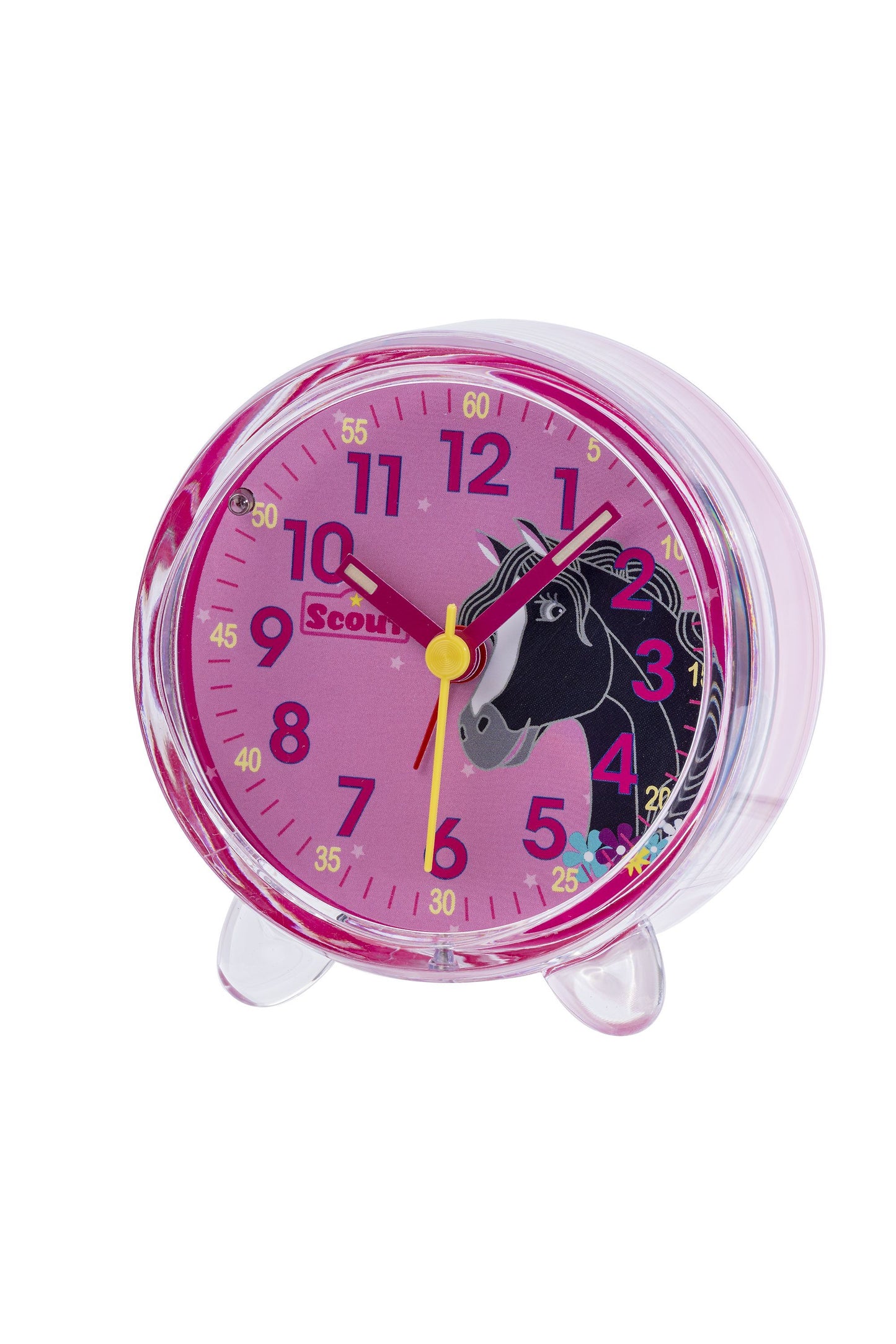 Scout Wecker analog mit pinkem Gehäuse, Lernziffenrblatt und süßem Pferde-Motiv