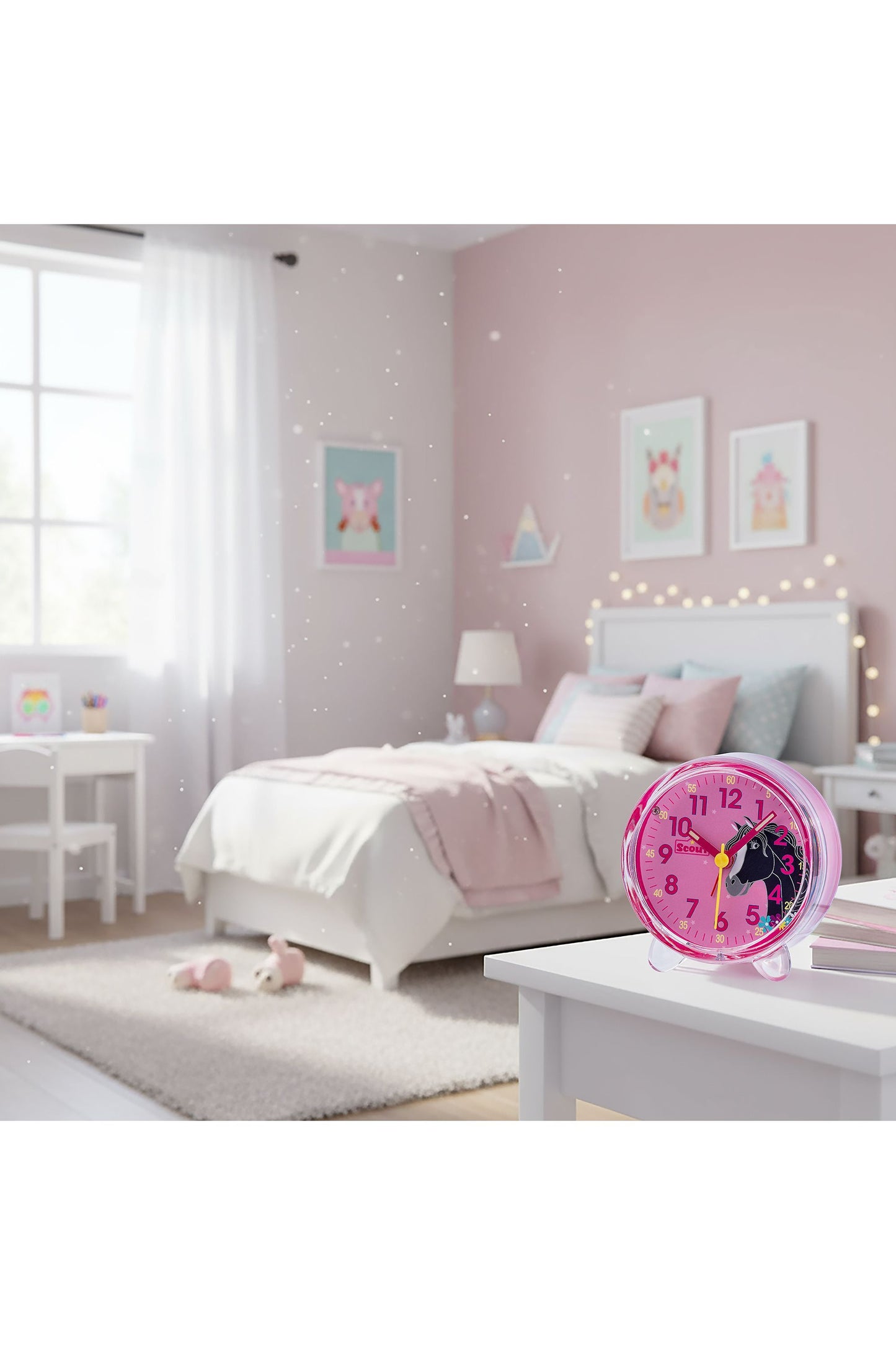 Scout Wecker analog mit pinkem Gehäuse, Lernziffenrblatt und süßem Pferde-Motiv