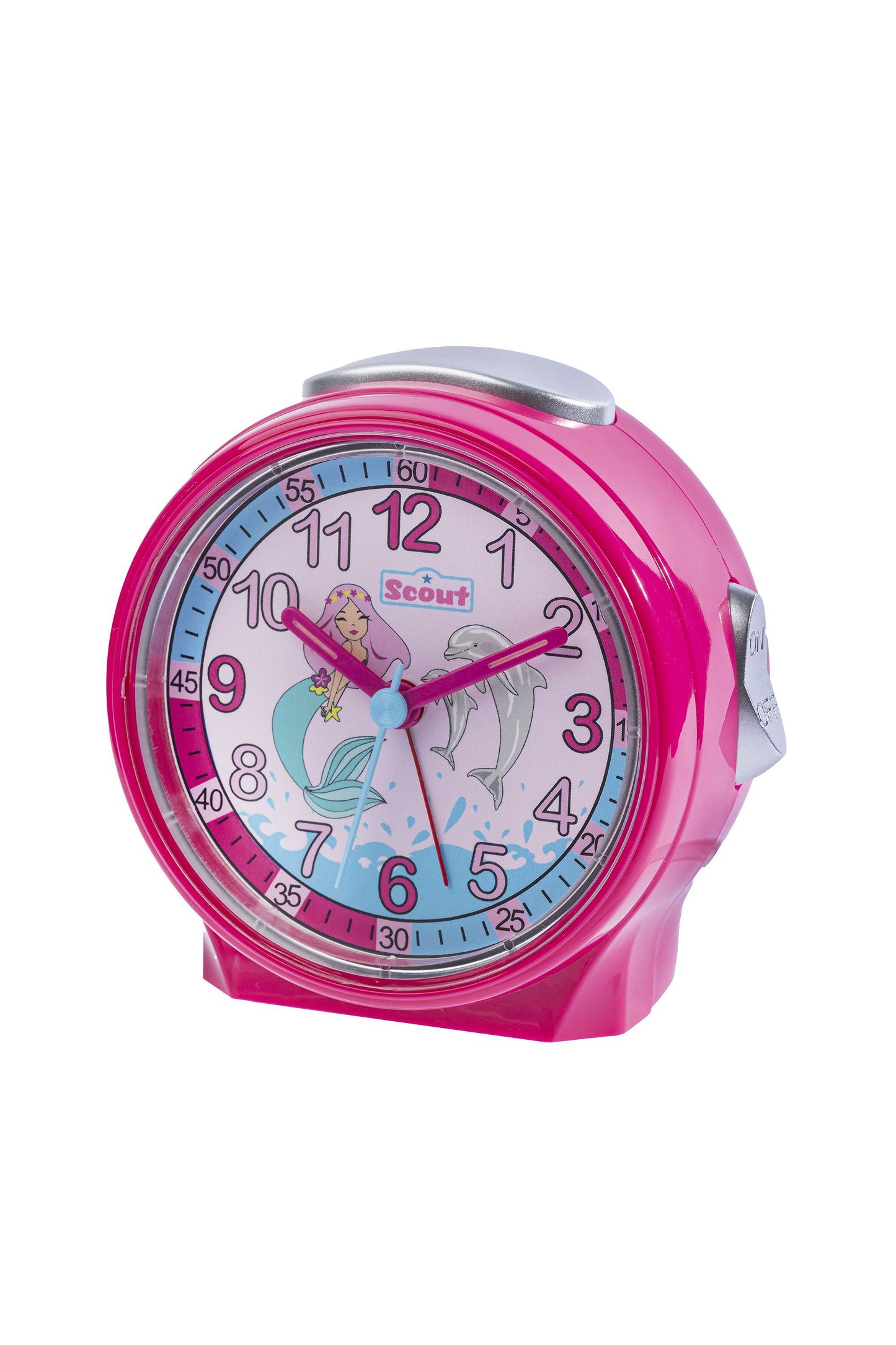 Scout Wecker analog mit pinkem Gehäuse, Lernziffenrblatt und süßen Motiven aus der Wasserwelt