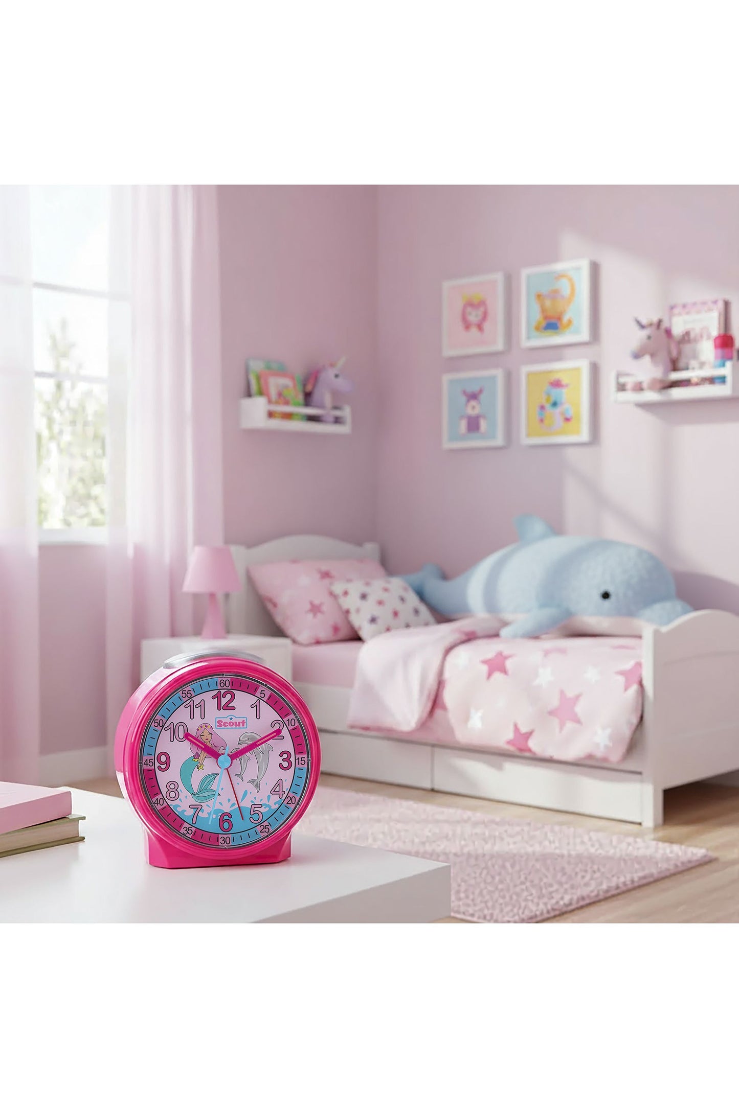 Scout Wecker analog mit pinkem Gehäuse, Lernziffenrblatt und süßen Motiven aus der Wasserwelt