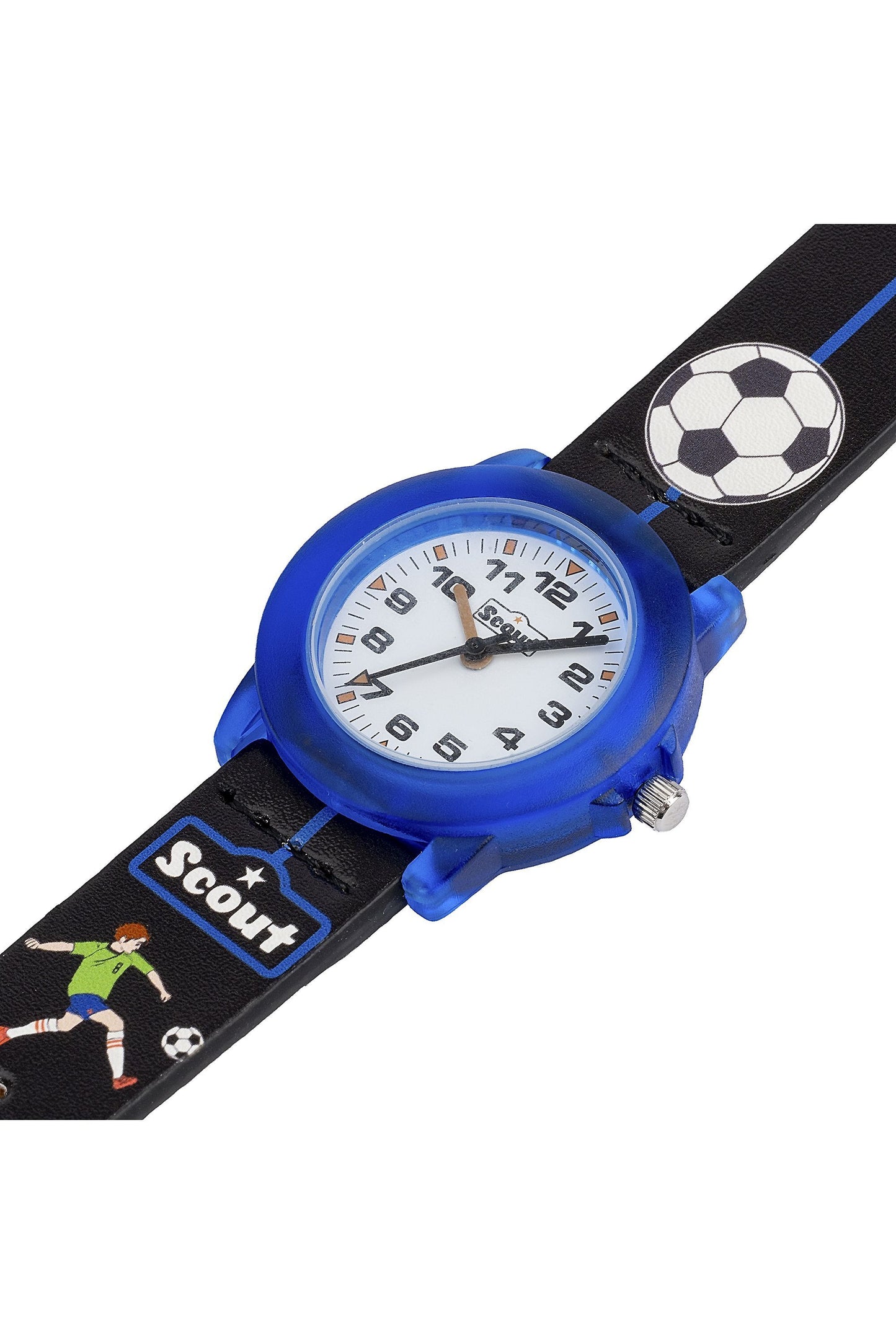 Scout Kinderuhr analog aus der Serie "Crystal" mit schwarz/blauem Kunstlederband mit Fussball-Motiven und Quarzwerk