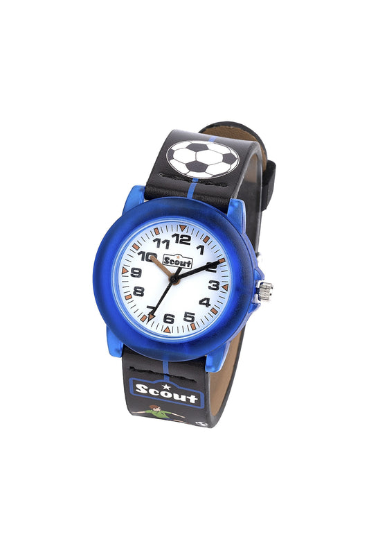 Scout Kinderuhr analog aus der Serie "Crystal" mit schwarz/blauem Kunstlederband mit Fussball-Motiven und Quarzwerk