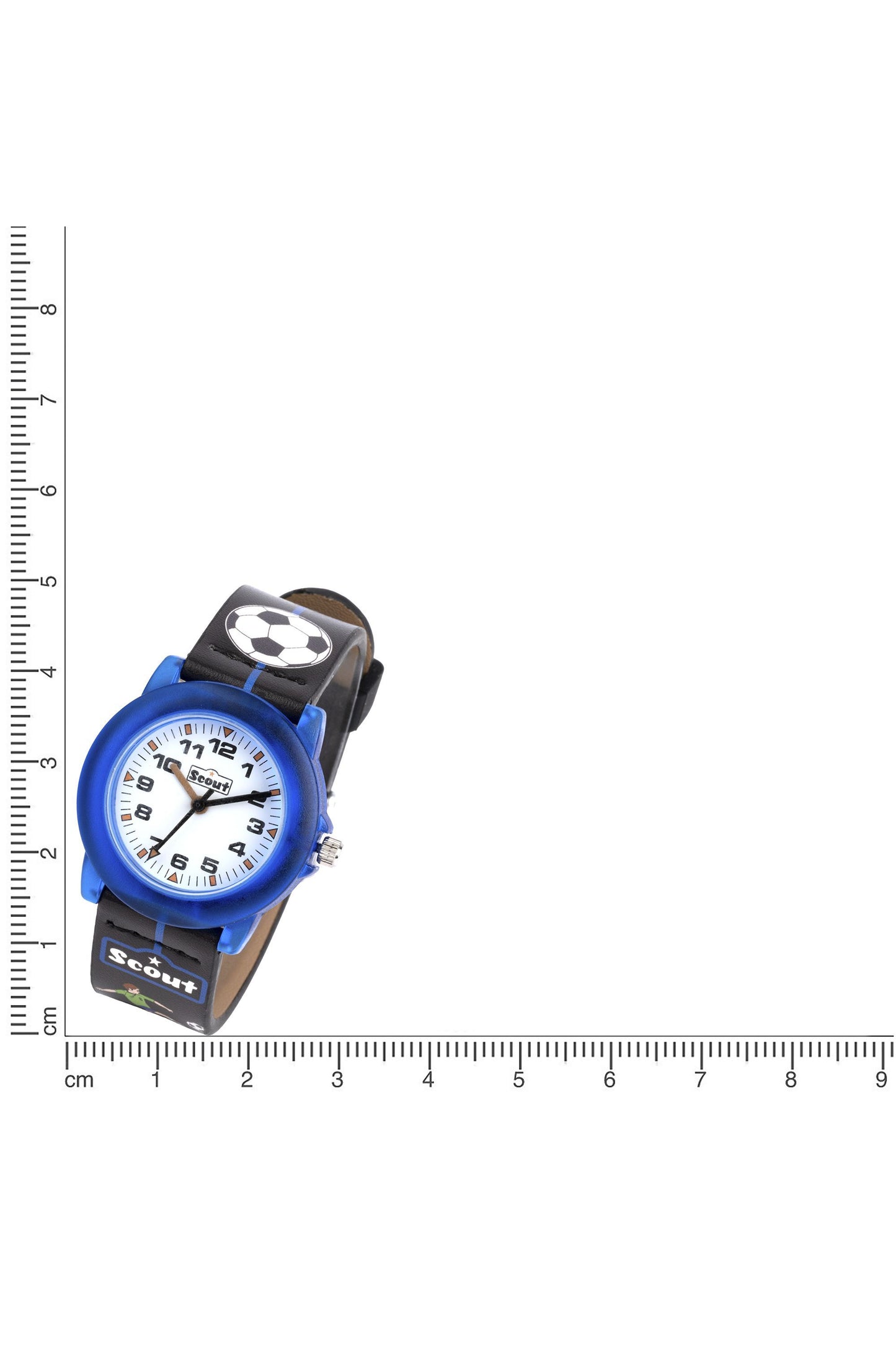 Scout Kinderuhr analog aus der Serie "Crystal" mit schwarz/blauem Kunstlederband mit Fussball-Motiven und Quarzwerk