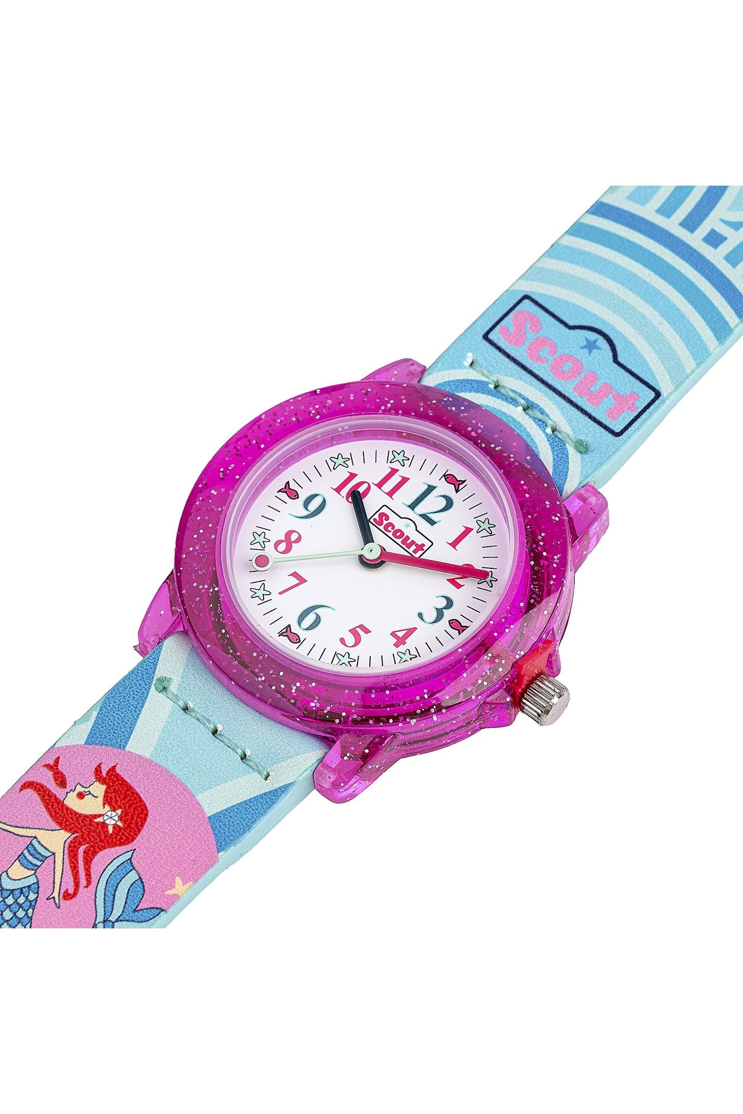 Scout Kinderuhr analog aus der Serie "Crystal" mit buntem Kunstlederband mit Meeres-Motiven und Quarzwerk