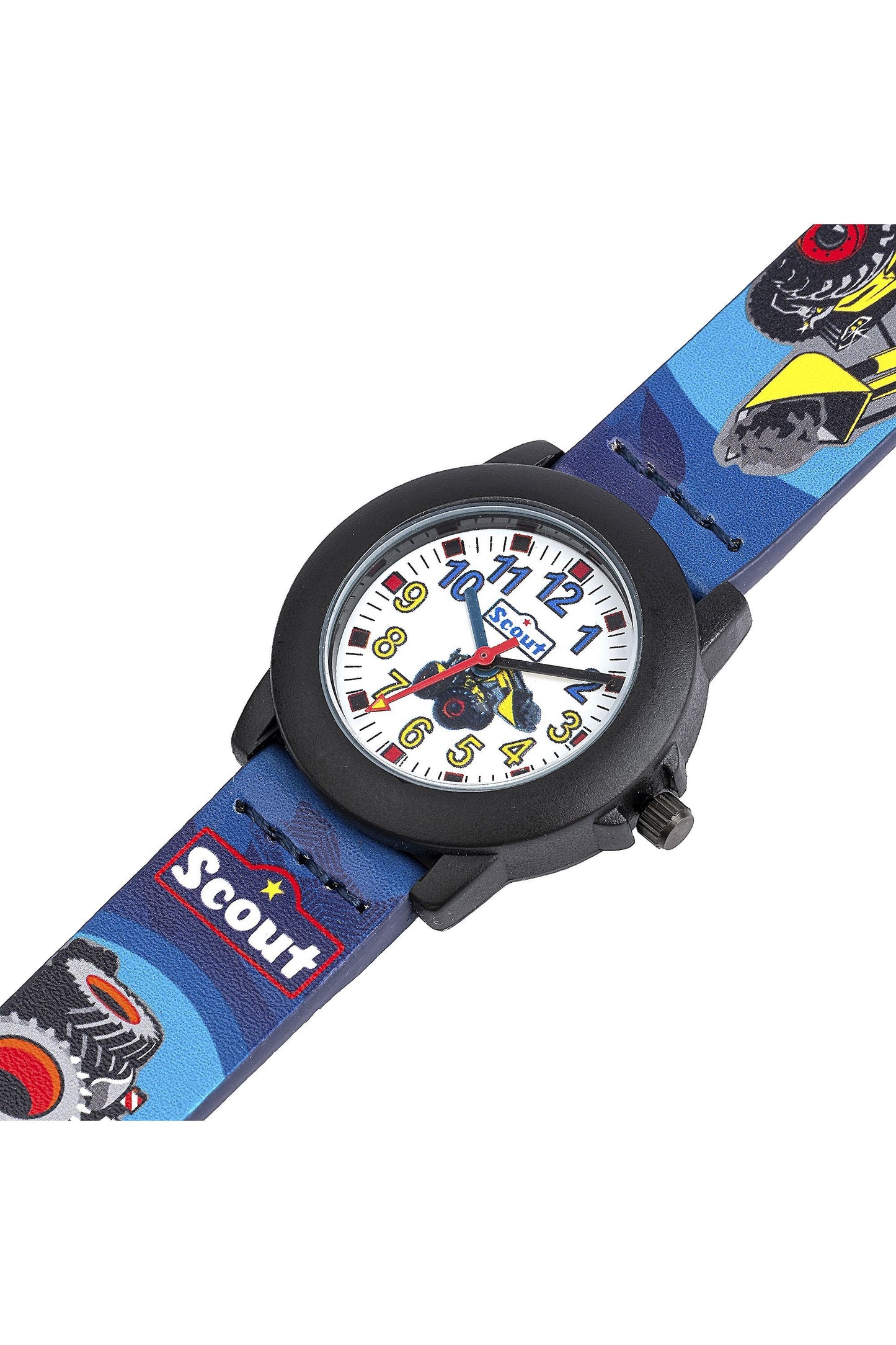 Scout Kinderuhr analog aus der Serie "Crystal" mit schwarz/blauem Kunstlederband mit Traktor- und Bagger-Motiv und Quarzwerk