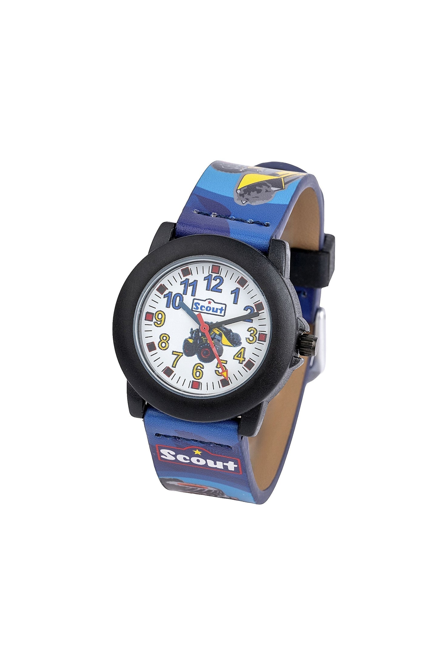 Scout Kinderuhr analog aus der Serie "Crystal" mit schwarz/blauem Kunstlederband mit Traktor- und Bagger-Motiv und Quarzwerk
