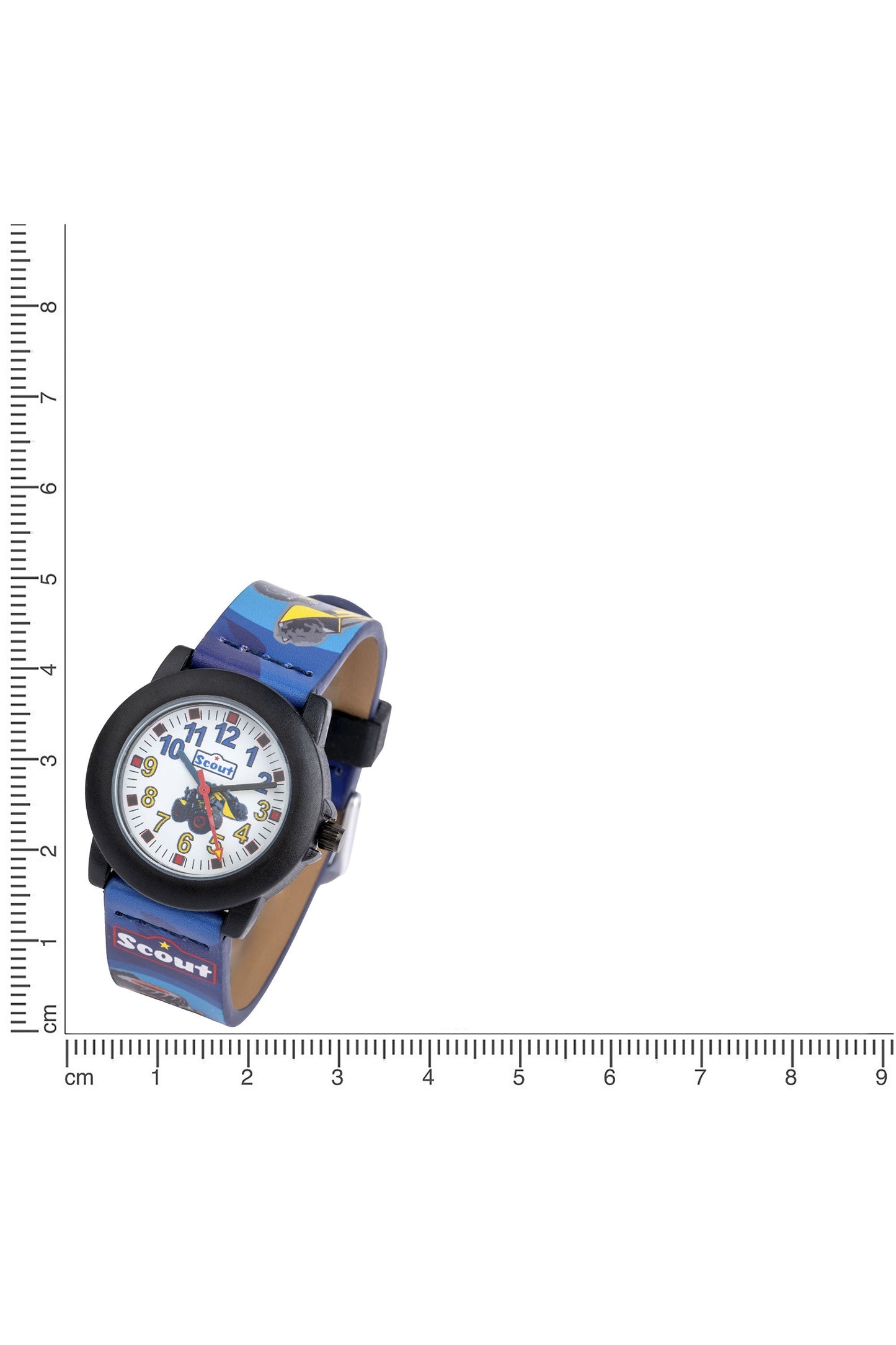 Scout Kinderuhr analog aus der Serie "Crystal" mit schwarz/blauem Kunstlederband mit Traktor- und Bagger-Motiv und Quarzwerk