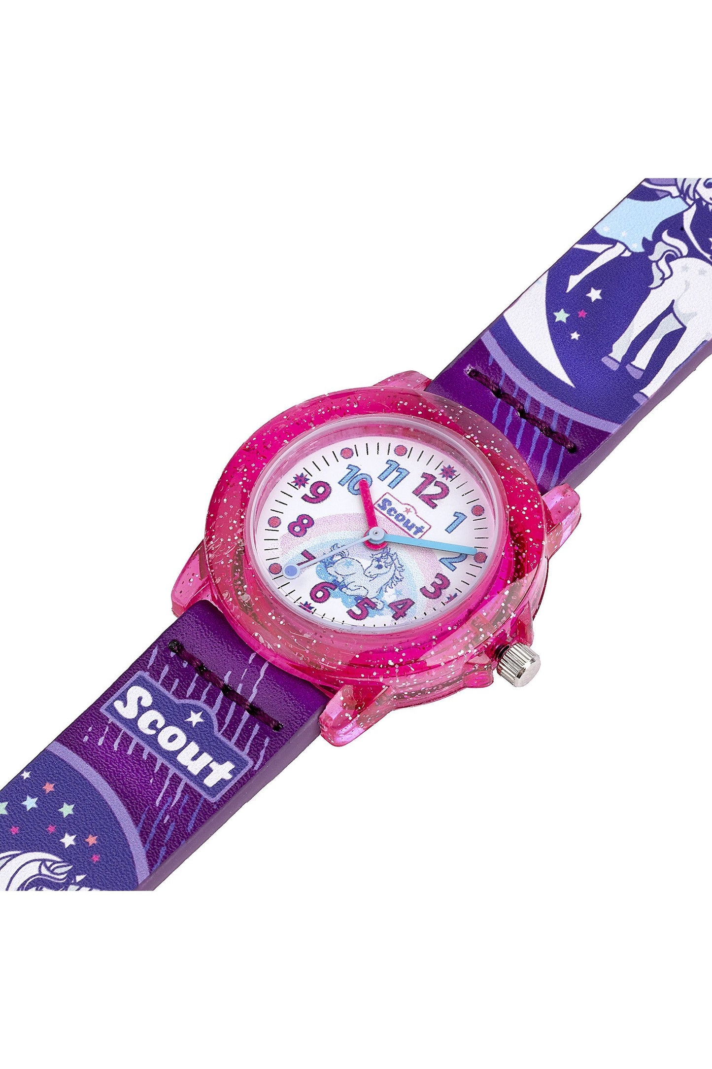 Scout Kinderuhr analog aus der Serie "Crystal" mit lila pinkem Kunstlederband, Einhorn- und Fee-Motiven und Quarzwerk